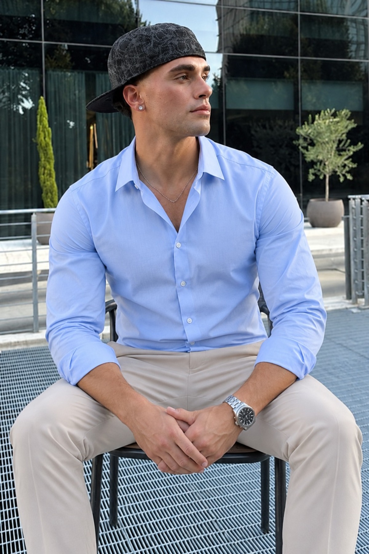 Erkek Slim Fit Uzun Kollu Klasik Mavi Gömlek 4