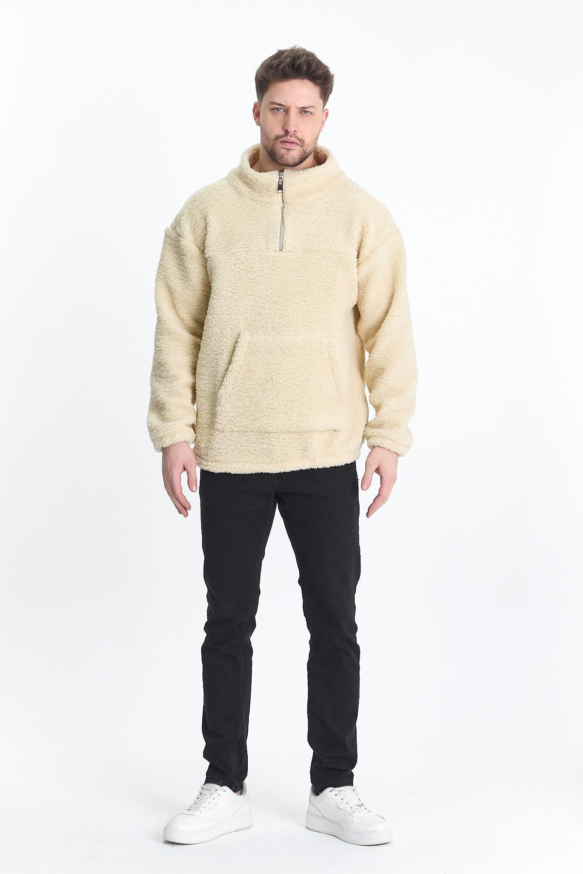 Erkek Oversize Yarım Fermuarlı Krem Sweatshirt 4