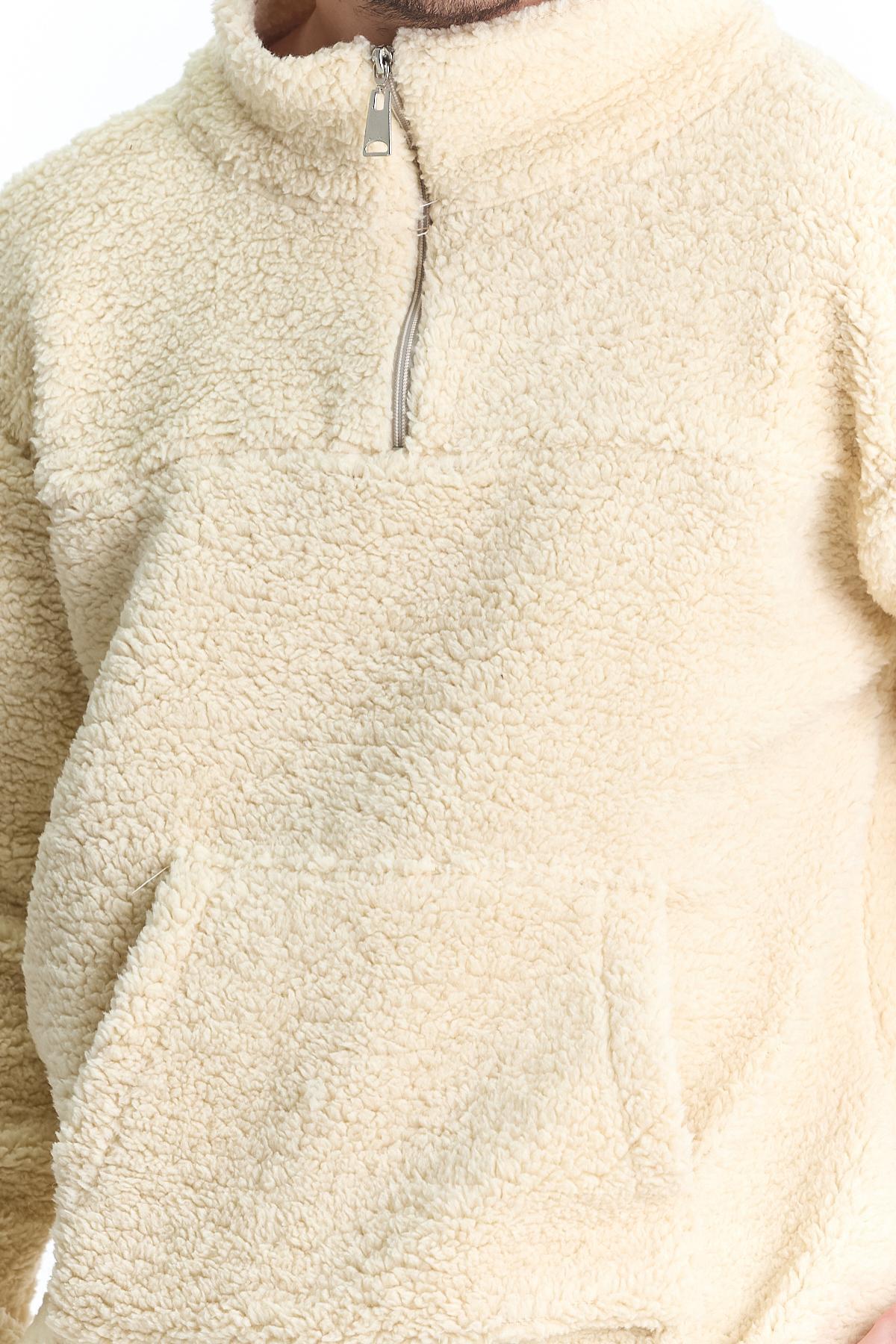 Erkek Oversize Yarım Fermuarlı Krem Sweatshirt 3