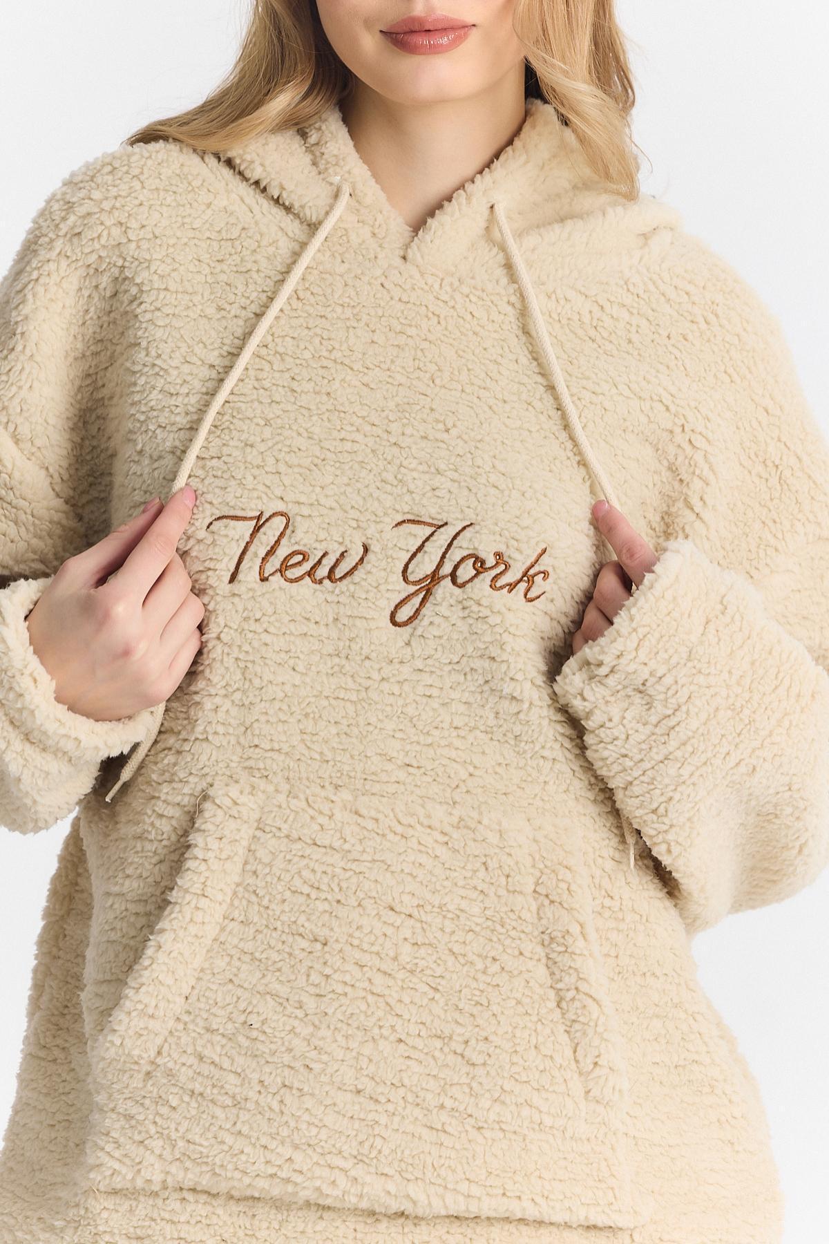 Kadın Oversize Cepli Krem Kapşonlu Sweatshirt 3