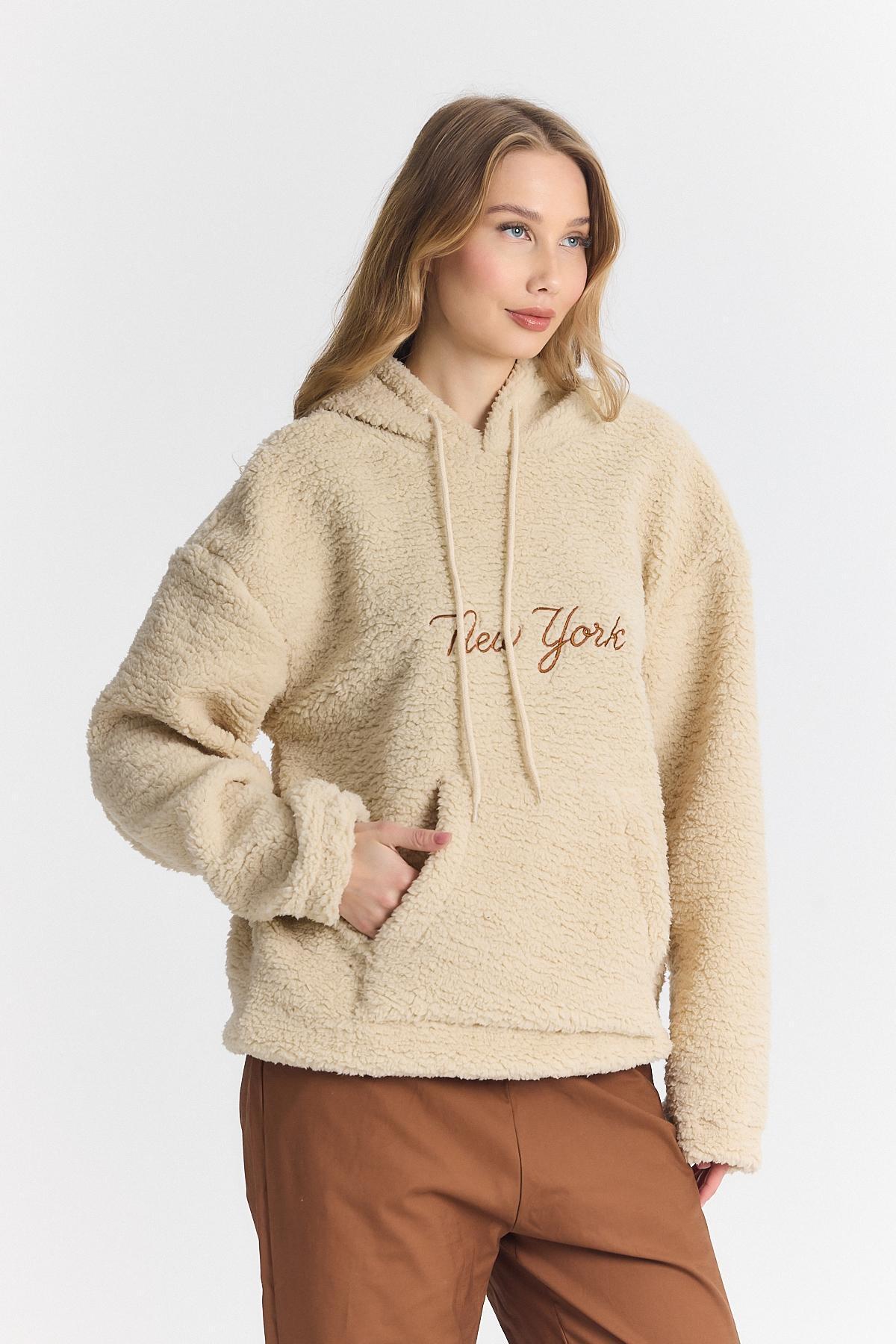 Sevgili İçin Oversize Kapşonlu Krem Sweatshirt 5