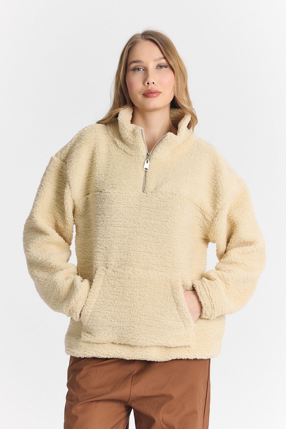 Sevgili Yarım Fermuar Oversize Krem Sweatshirt 3
