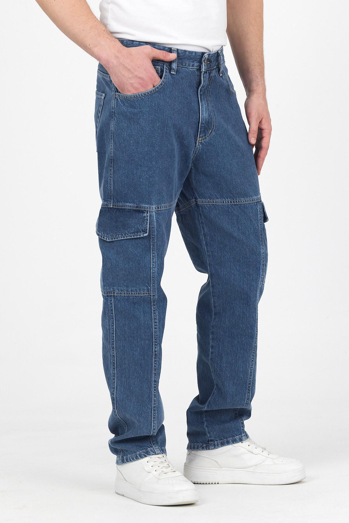 Erkek Bol Paça Kargo Cep Jeans Mavi Baggy Pantolon 3