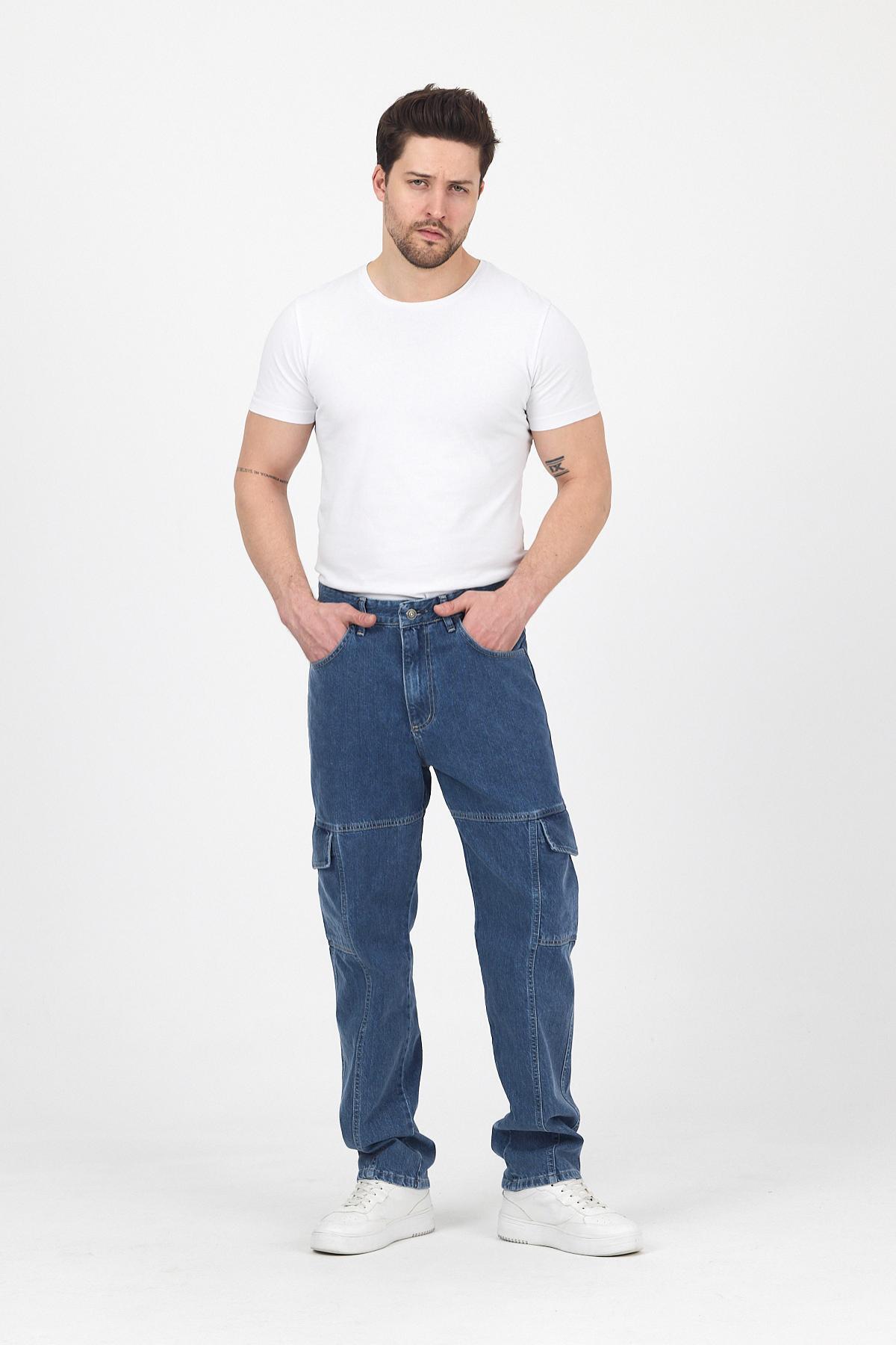 Erkek Bol Paça Kargo Cep Jeans Mavi Baggy Pantolon 4