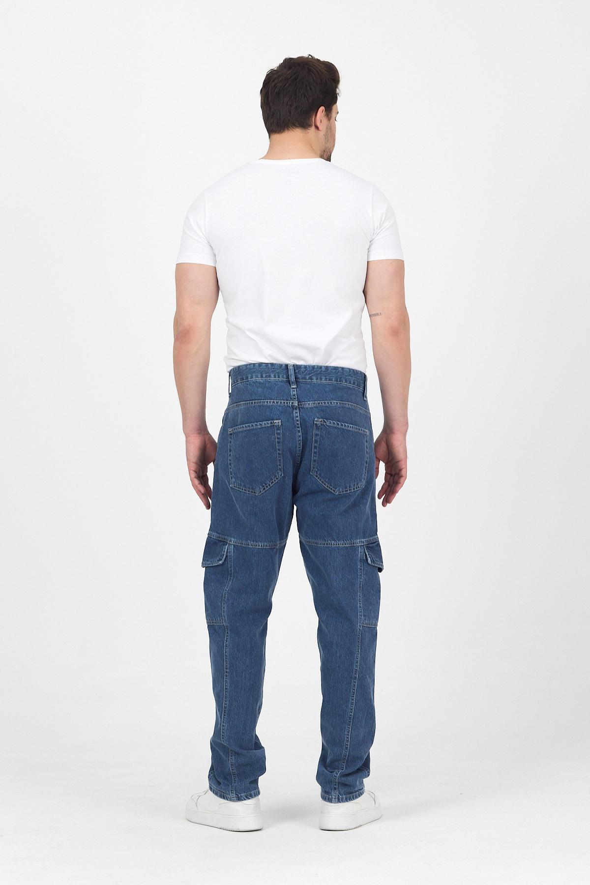 Erkek Bol Paça Kargo Cep Jeans Mavi Baggy Pantolon 5