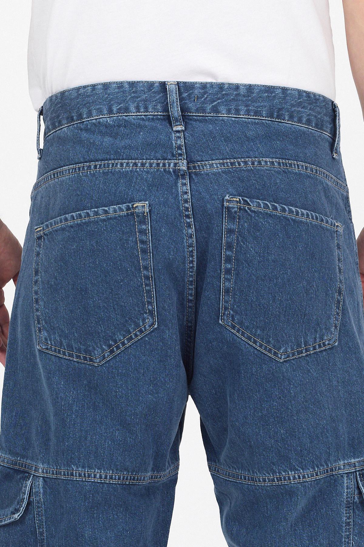 Erkek Bol Paça Kargo Cep Jeans Mavi Baggy Pantolon 6