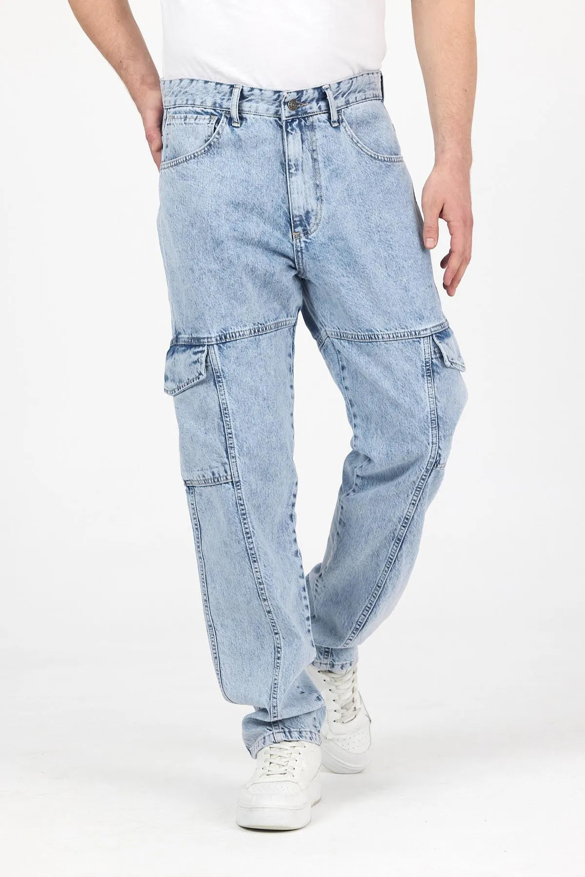 Erkek Bol Paça Kargo Cep Jeans Buz Mavi Baggy Pantolon 3