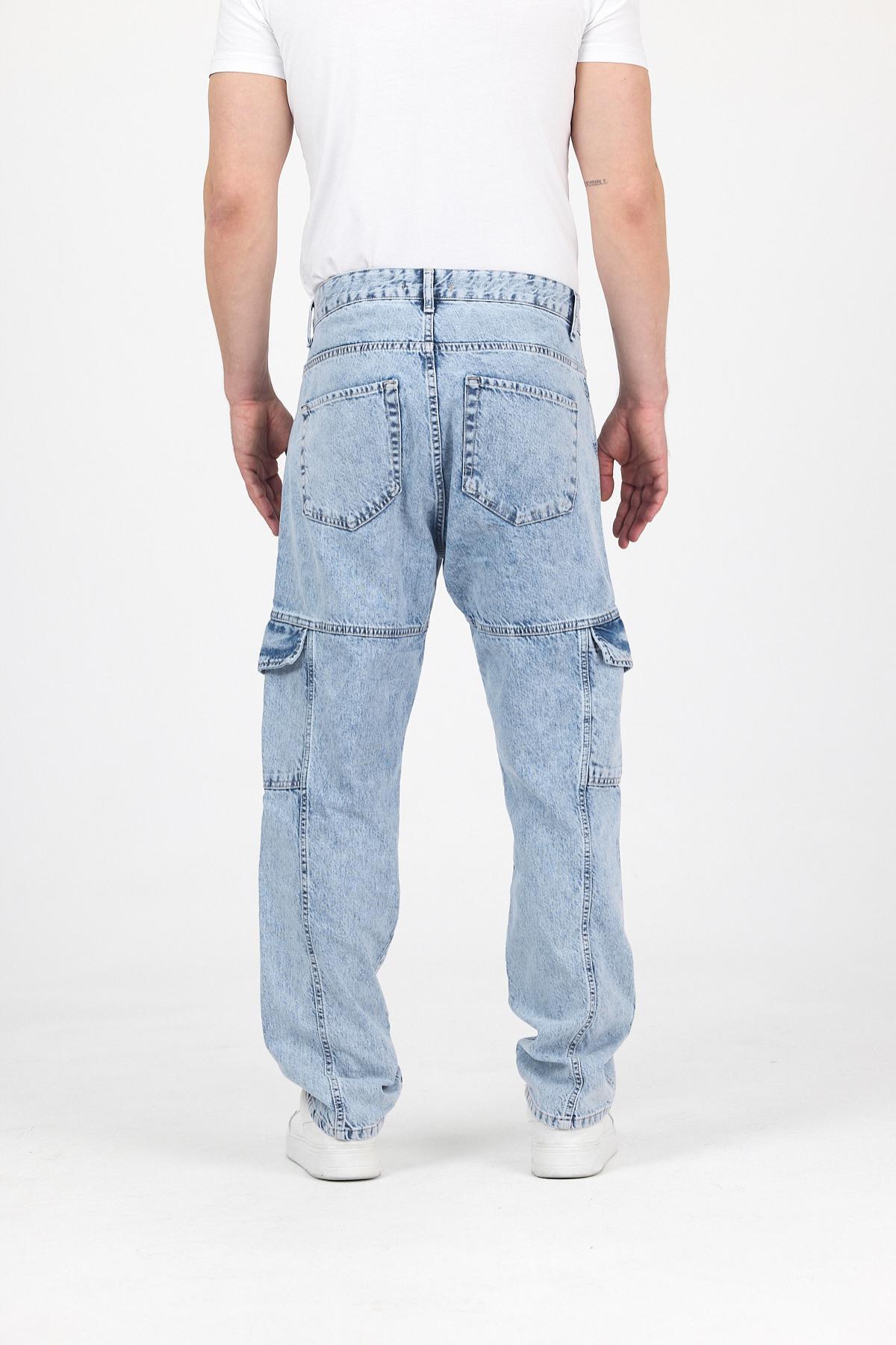 Erkek Bol Paça Kargo Cep Jeans Buz Mavi Baggy Pantolon 6