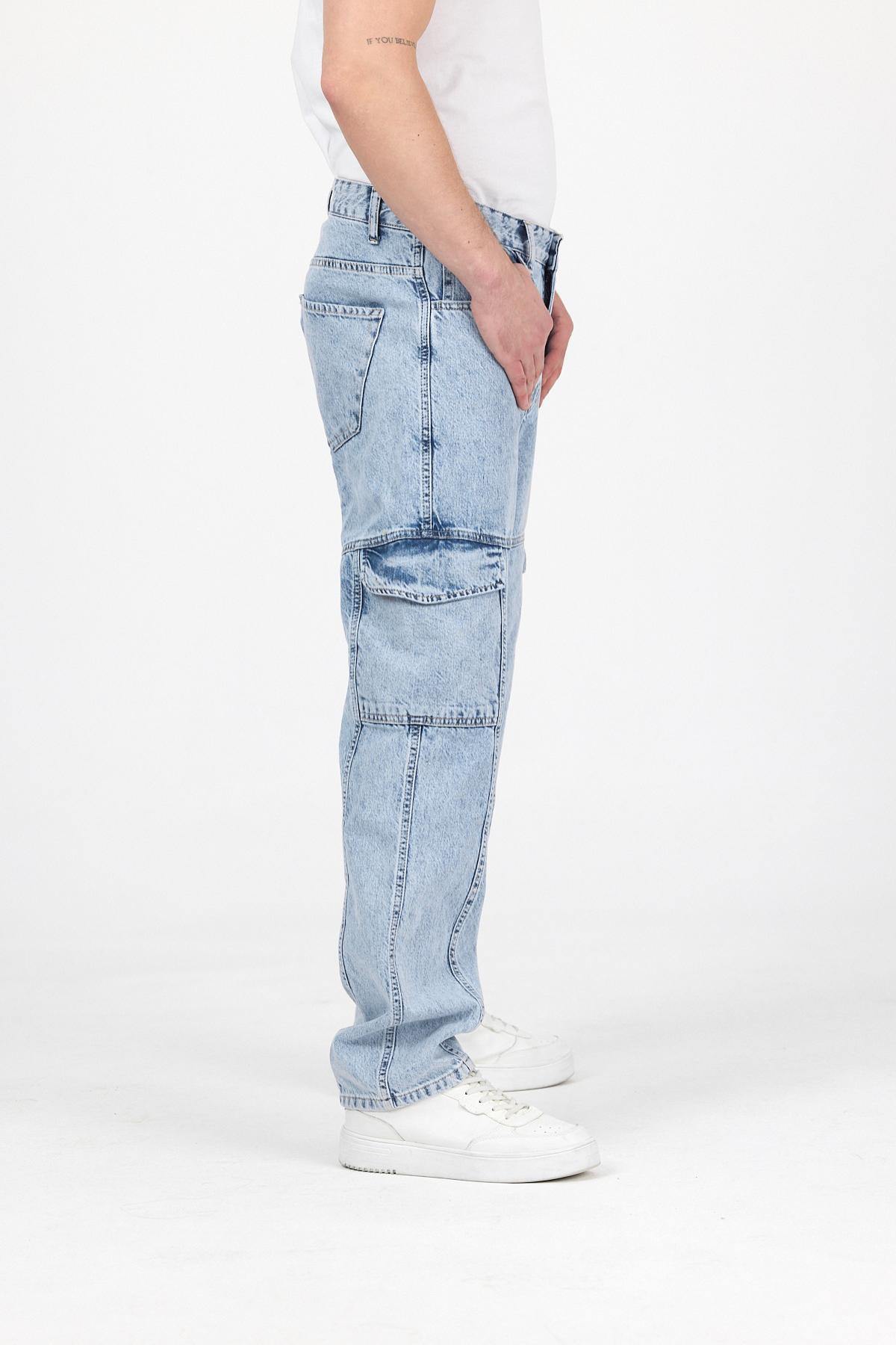 Erkek Bol Paça Kargo Cep Jeans Buz Mavi Baggy Pantolon 5