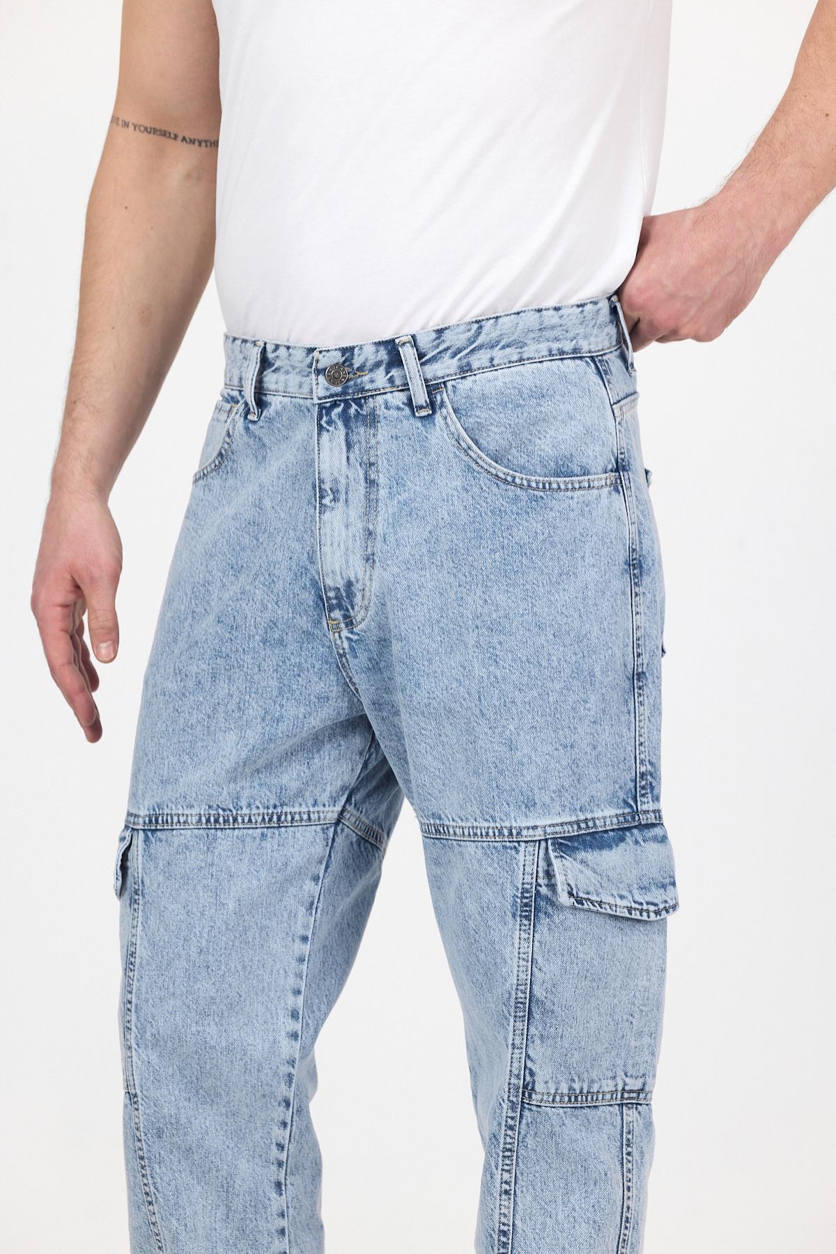 Erkek Bol Paça Kargo Cep Jeans Buz Mavi Baggy Pantolon 4