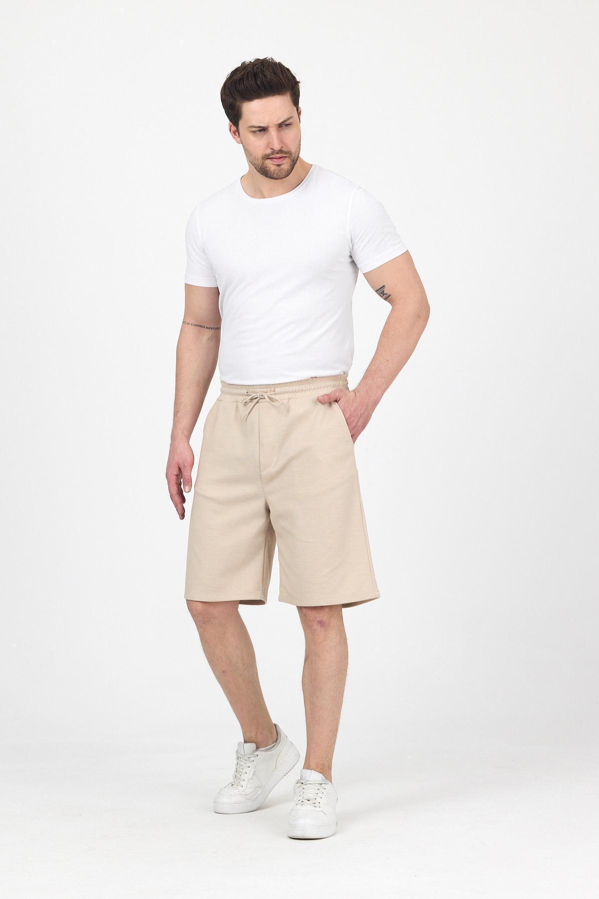 Erkek Beli Lastikli Bol Paça Basic Bej Baggy Şort 3