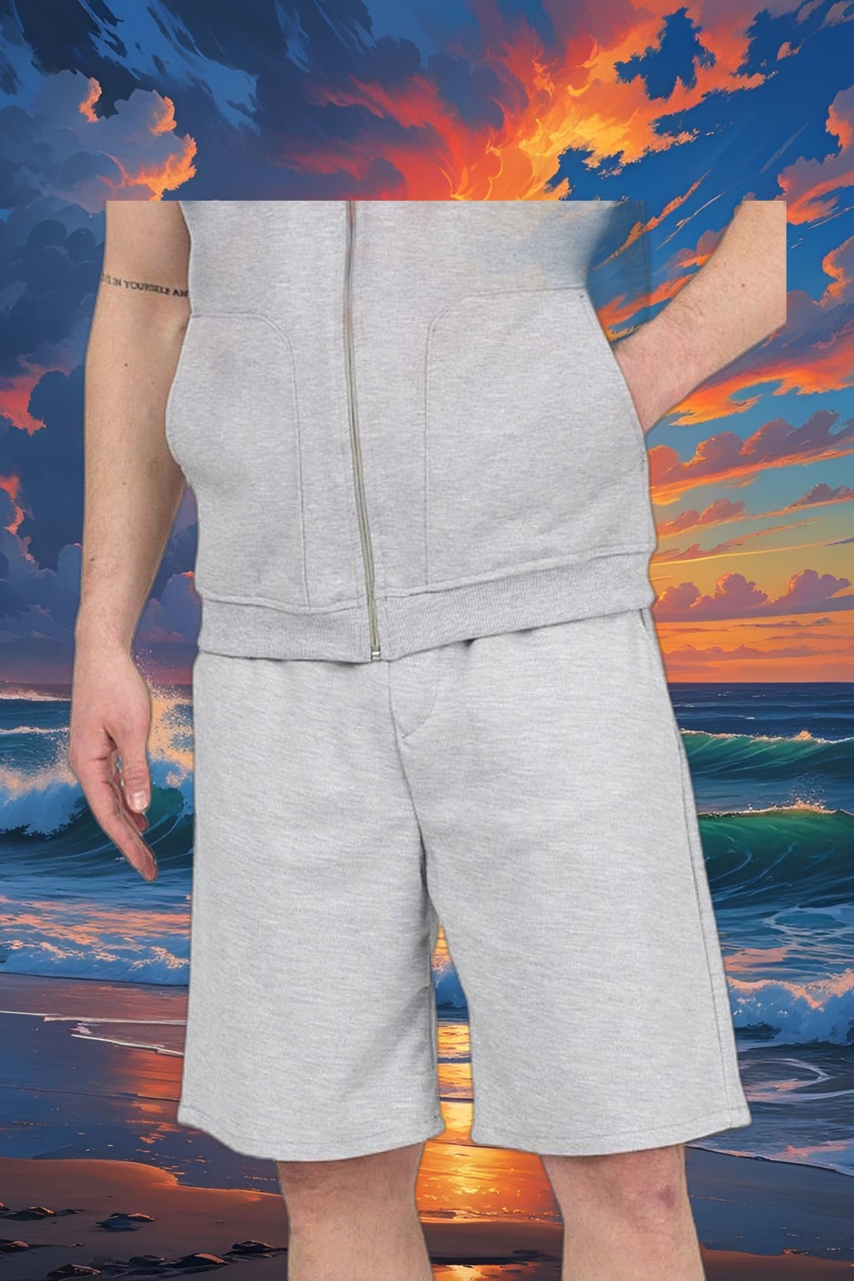 Erkek Beli Lastikli Bol Paça Basic Baggy Şort Gri 6