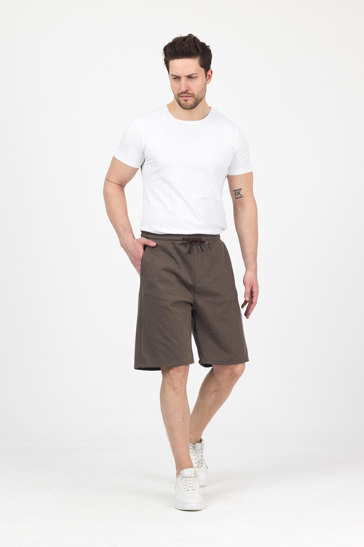 Erkek Beli Lastikli Bol Paça Basic Kahverengi Baggy Şort 3