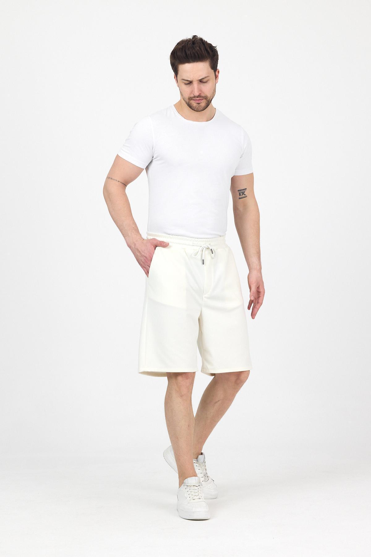 Erkek Beli Lastikli Bol Paça Basic Krem Baggy Şort 4