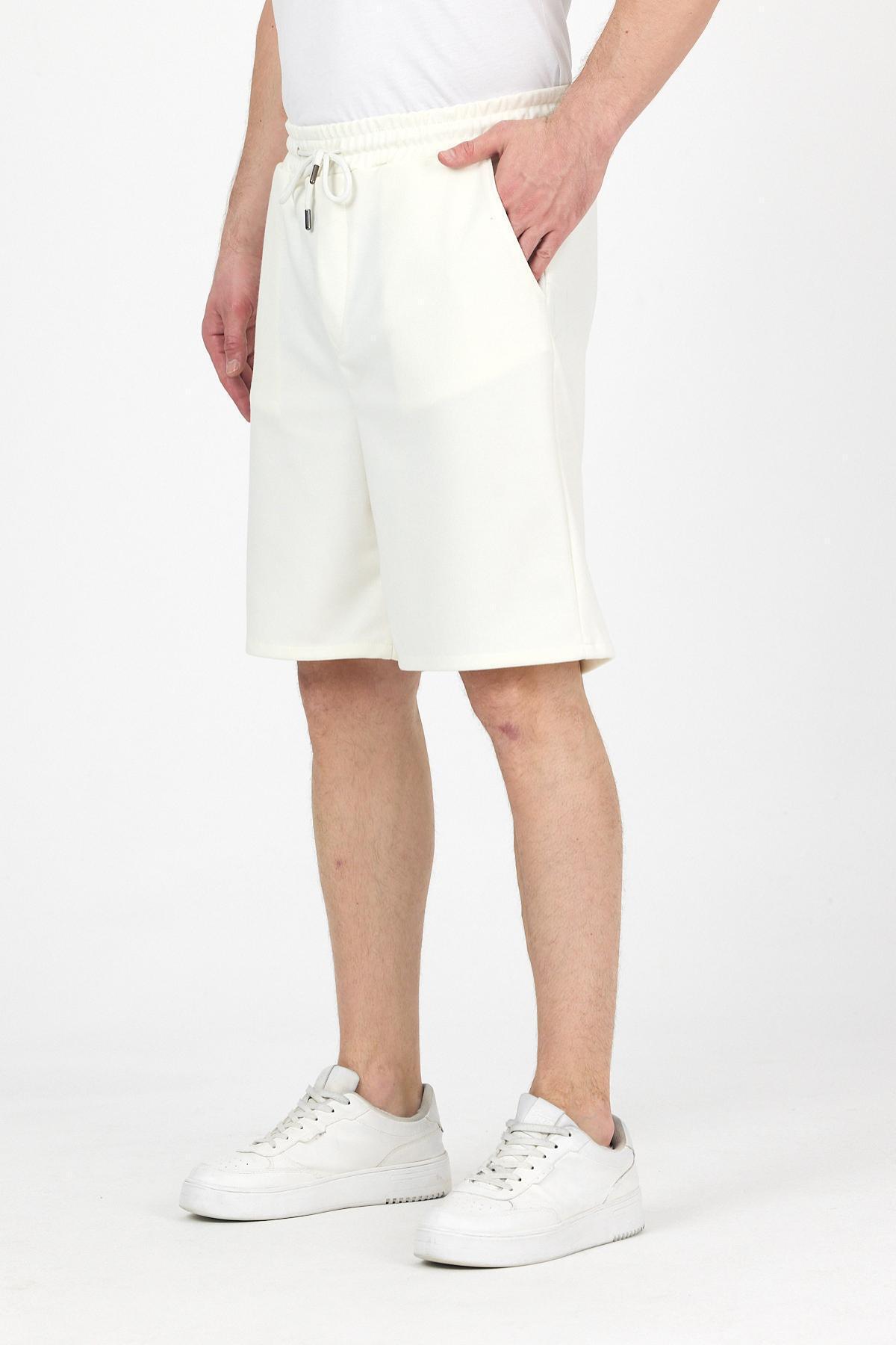 Erkek Beli Lastikli Bol Paça Basic Krem Baggy Şort 3