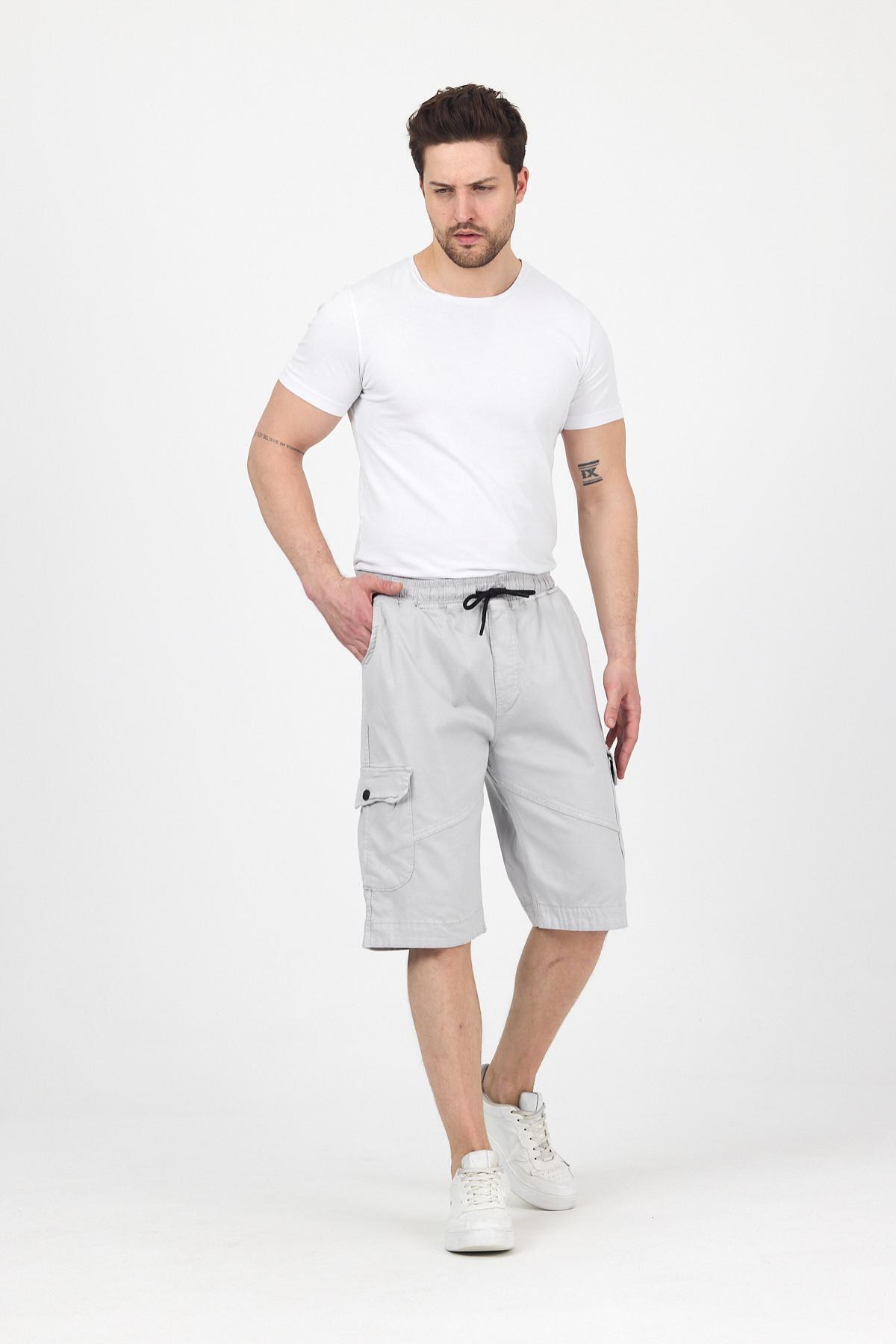 Erkek Beli Lastikli Yazlık Spor Kargo Cep Gri Kapri Şort 3