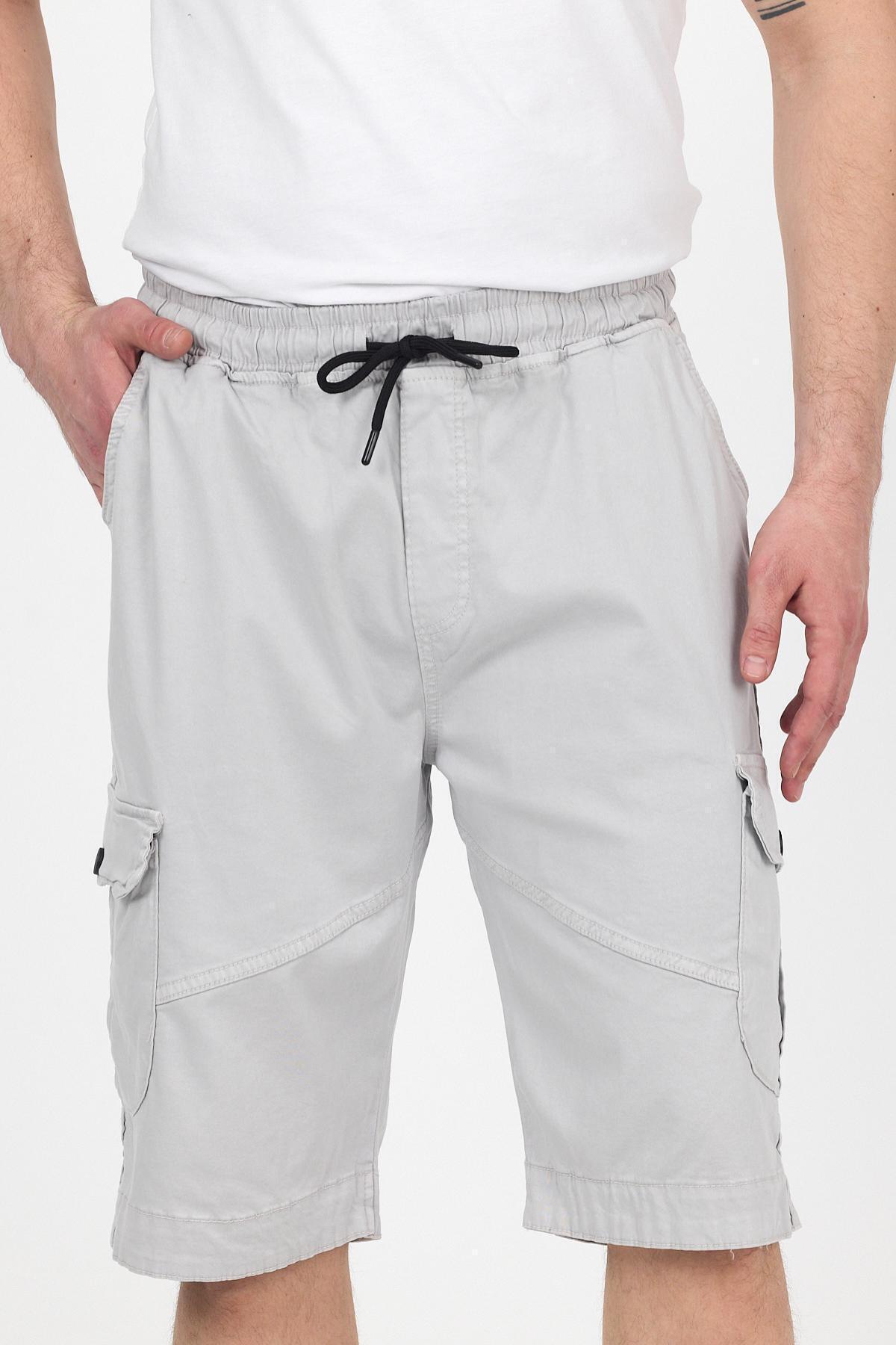 Erkek Beli Lastikli Yazlık Spor Kargo Cep Gri Kapri Şort 4