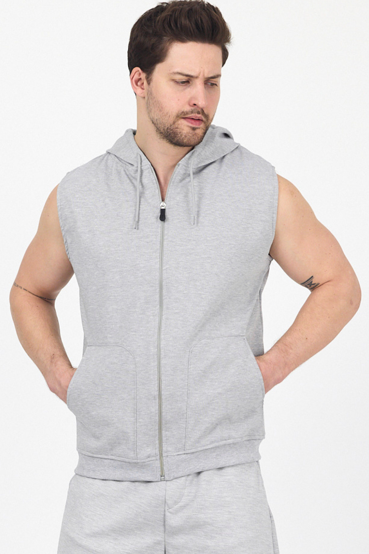 Erkek Kapüşonlu Kolsuz Fermuarlı Yazlık Uzun Gri Sweat Yelek 5