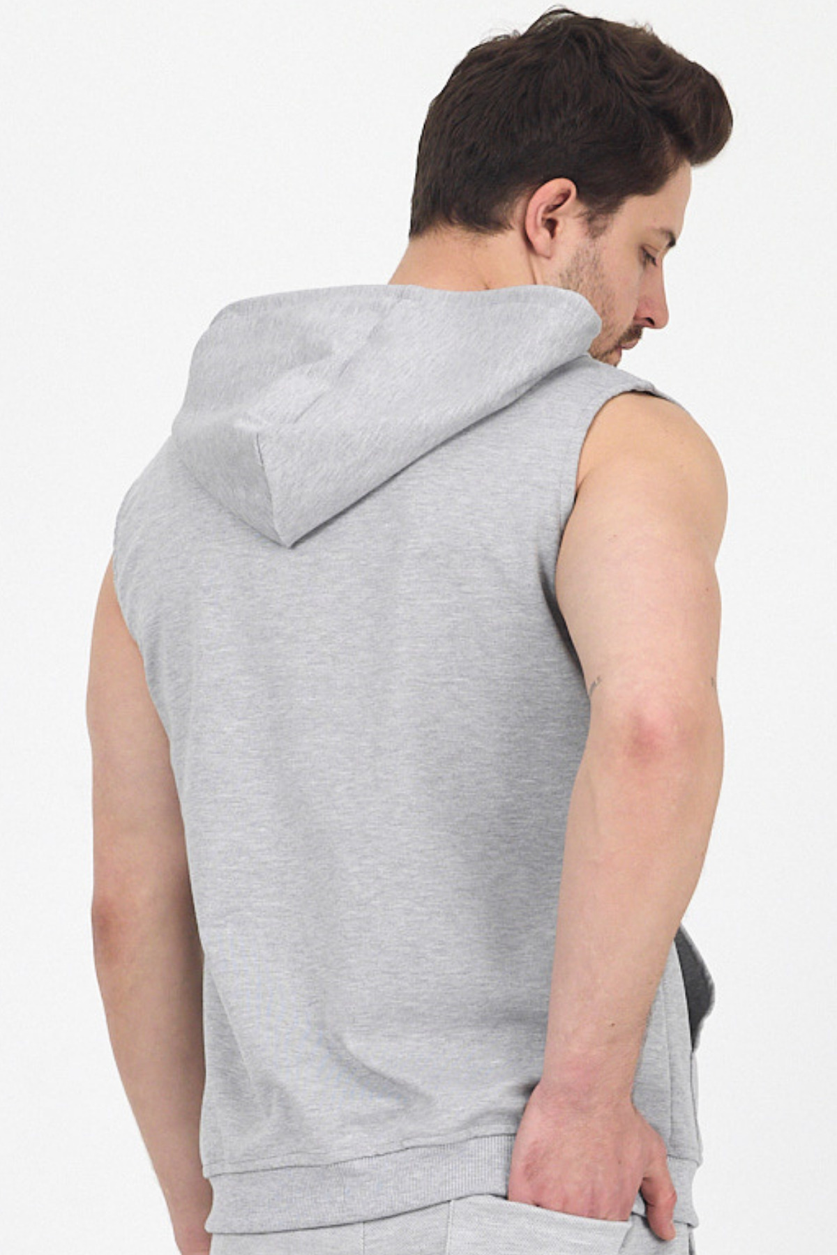 Erkek Kapüşonlu Kolsuz Fermuarlı Yazlık Uzun Gri Sweat Yelek 6