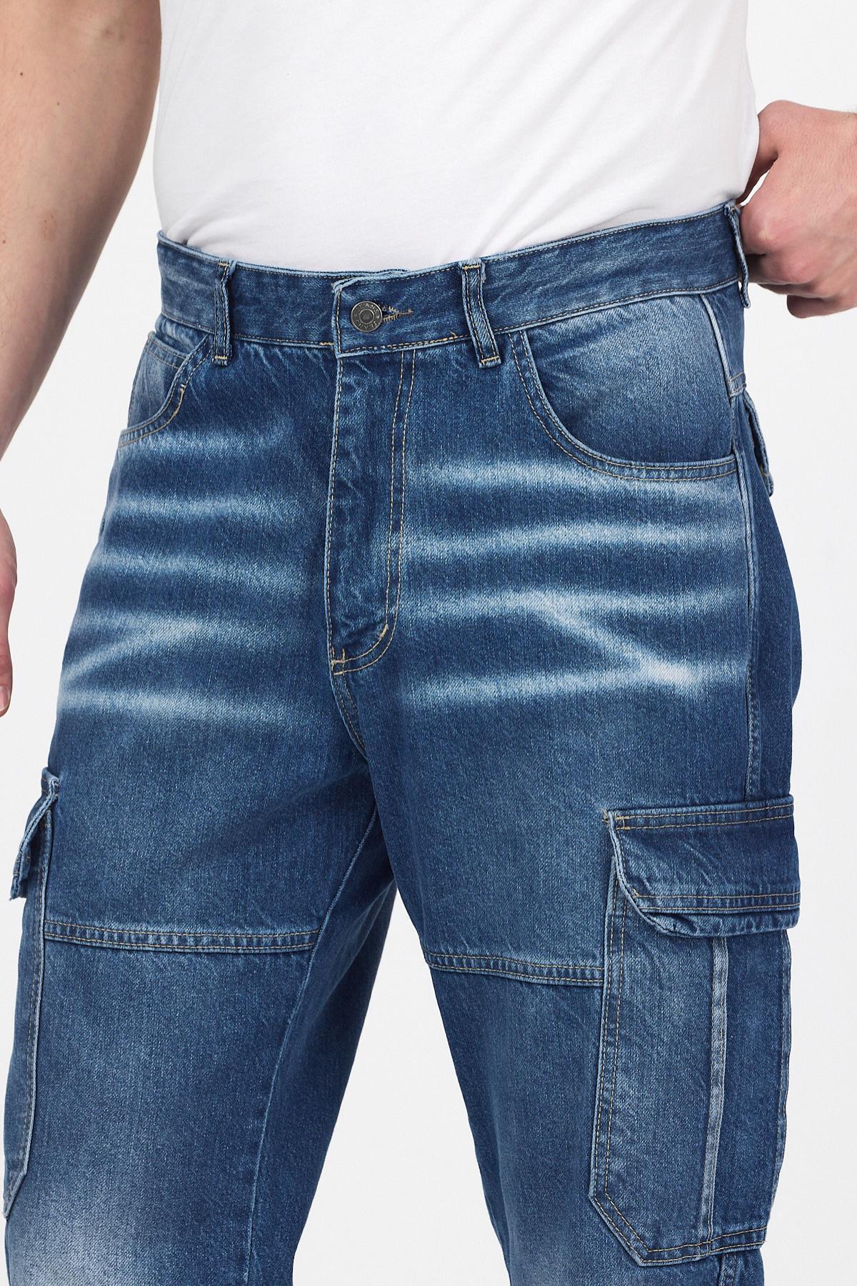 Erkek Jeans Bol Paça Kargo Cepli Mavi Baggy Pantolon 5