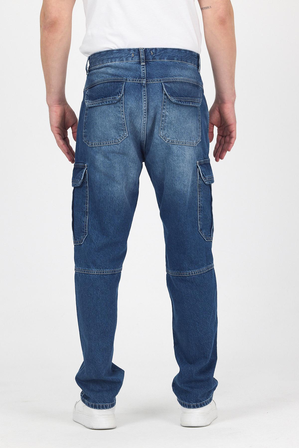 Erkek Jeans Bol Paça Kargo Cepli Mavi Baggy Pantolon 6