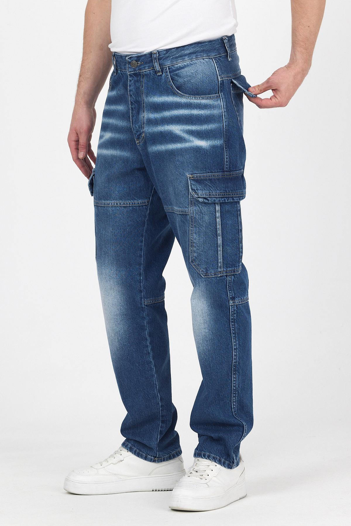Erkek Jeans Bol Paça Kargo Cepli Mavi Baggy Pantolon 3
