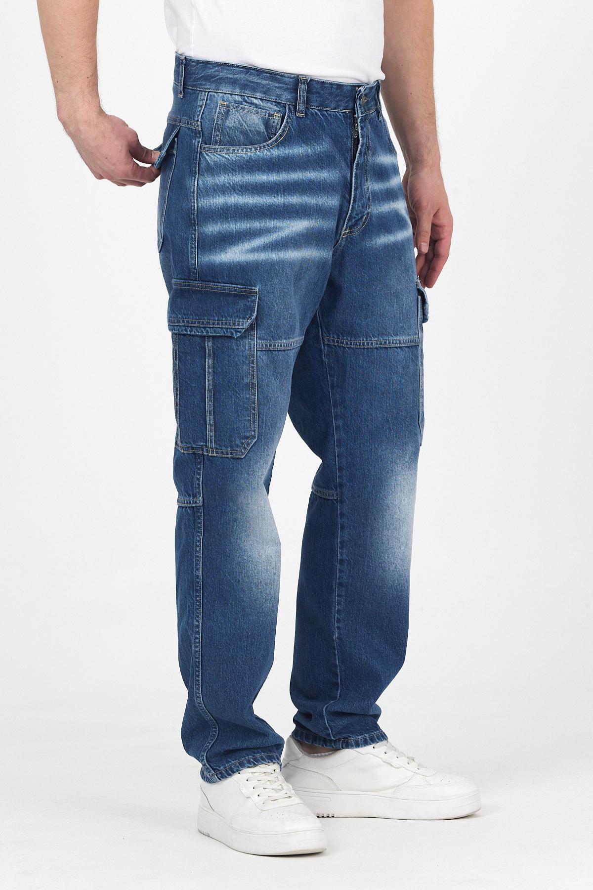 Erkek Jeans Bol Paça Kargo Cepli Mavi Baggy Pantolon 4