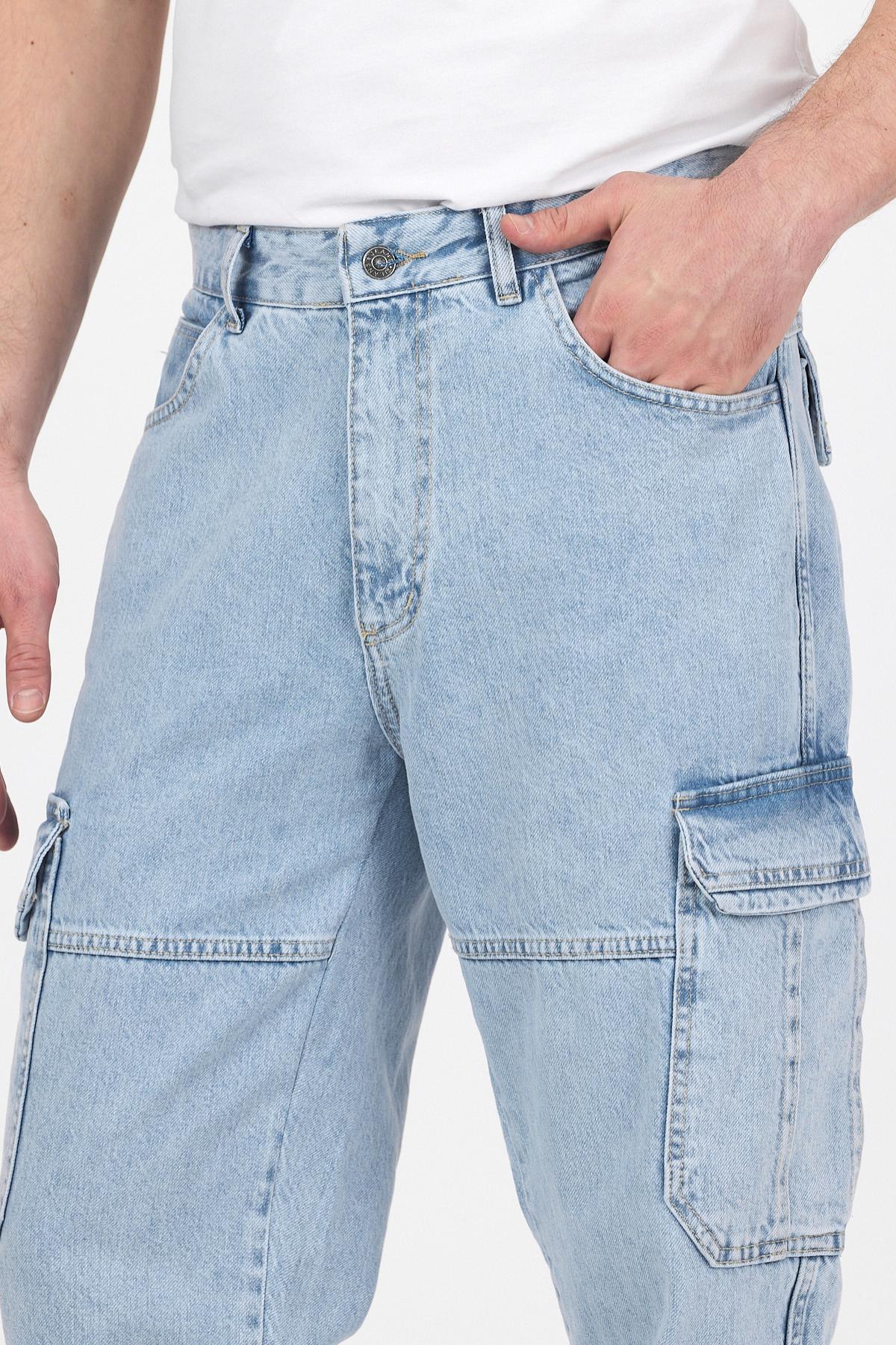 Erkek Jeans Bol Paça Kargo Cepli Buz Mavi Baggy Pantolon 5