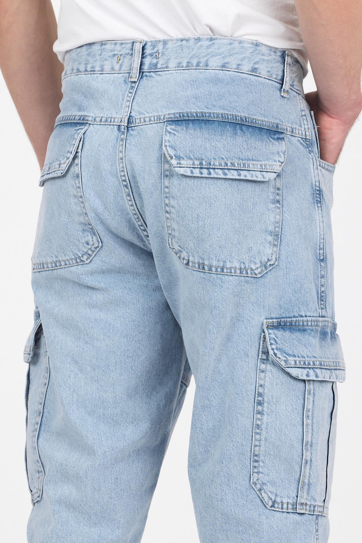 Erkek Jeans Bol Paça Kargo Cepli Buz Mavi Baggy Pantolon 6
