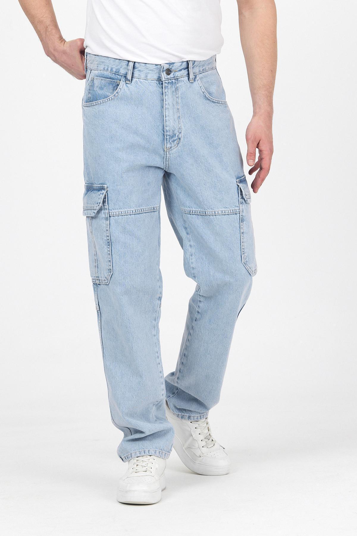 Erkek Jeans Bol Paça Kargo Cepli Buz Mavi Baggy Pantolon 3