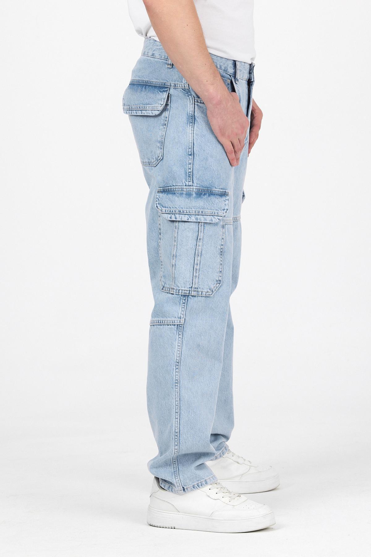 Erkek Jeans Bol Paça Kargo Cepli Buz Mavi Baggy Pantolon 4