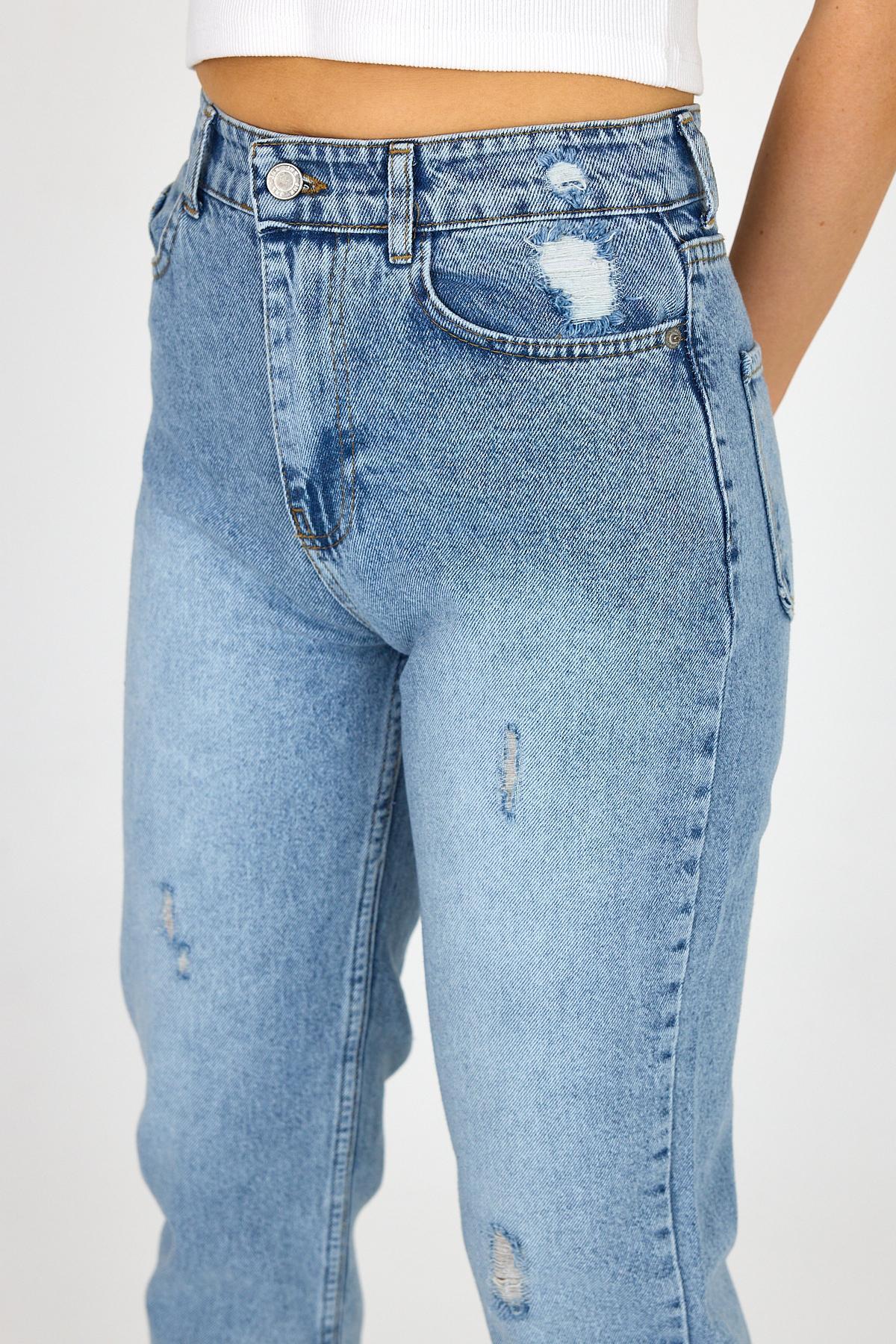 Kadın Yırtmaçlı Mom Jean Yüksek Bel Buz Mavi Kot Pantolon 6