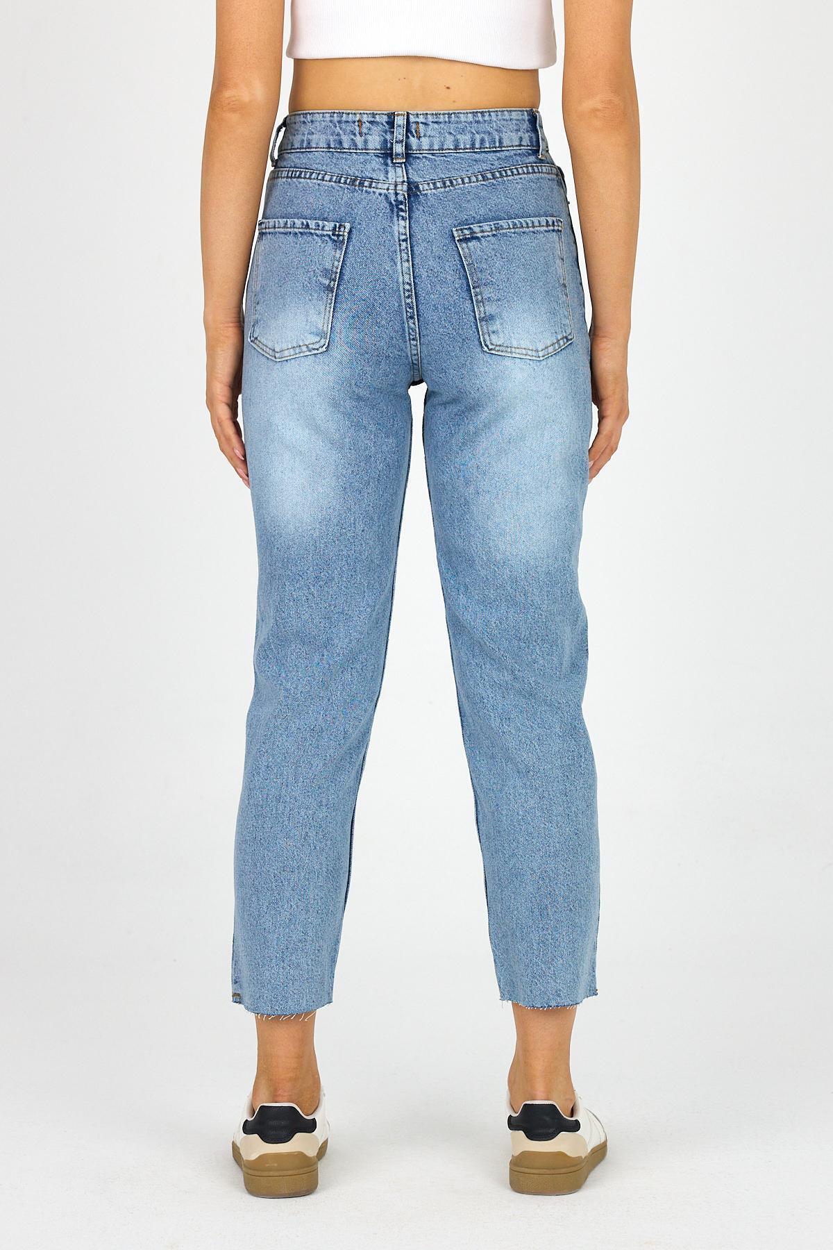 Kadın Yırtmaçlı Mom Jean Yüksek Bel Buz Mavi Kot Pantolon 7