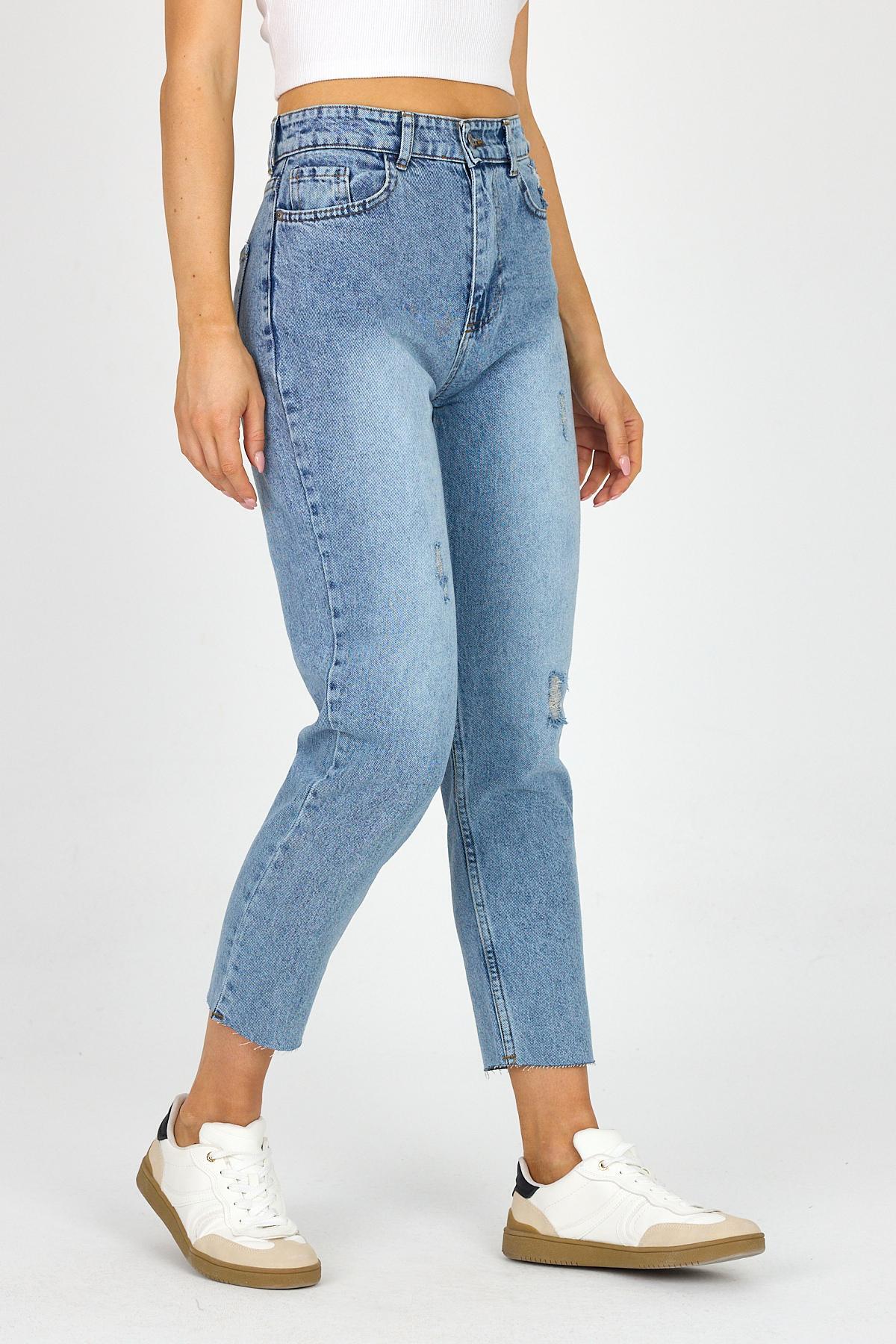 Kadın Yırtmaçlı Mom Jean Yüksek Bel Buz Mavi Kot Pantolon 4