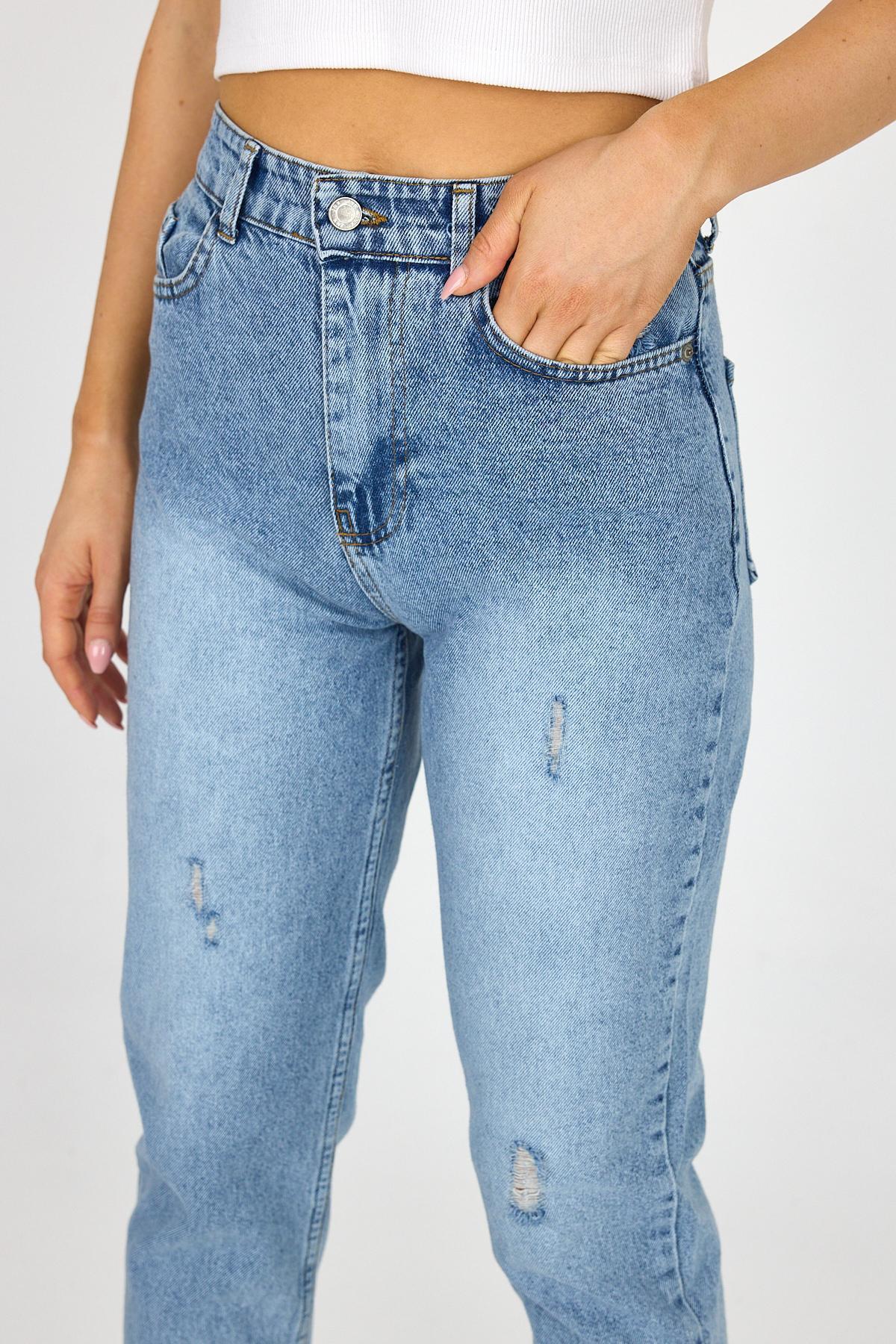 Kadın Yırtmaçlı Mom Jean Yüksek Bel Buz Mavi Kot Pantolon 5