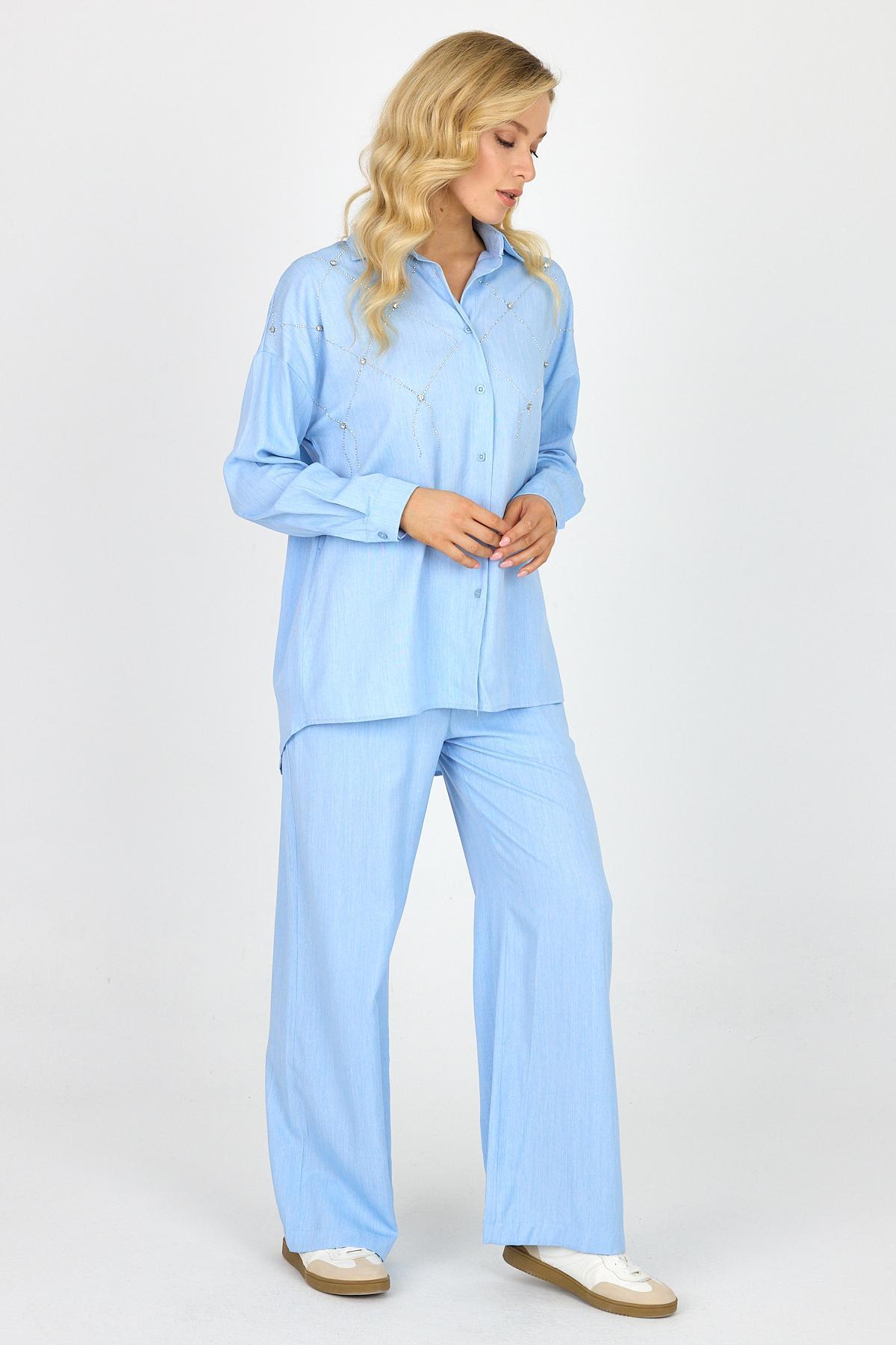 Kadın Taşlı Oversize Gömlek Bol Paça Baggy Pantolon Alt Üst Takım Buz Mavi 4