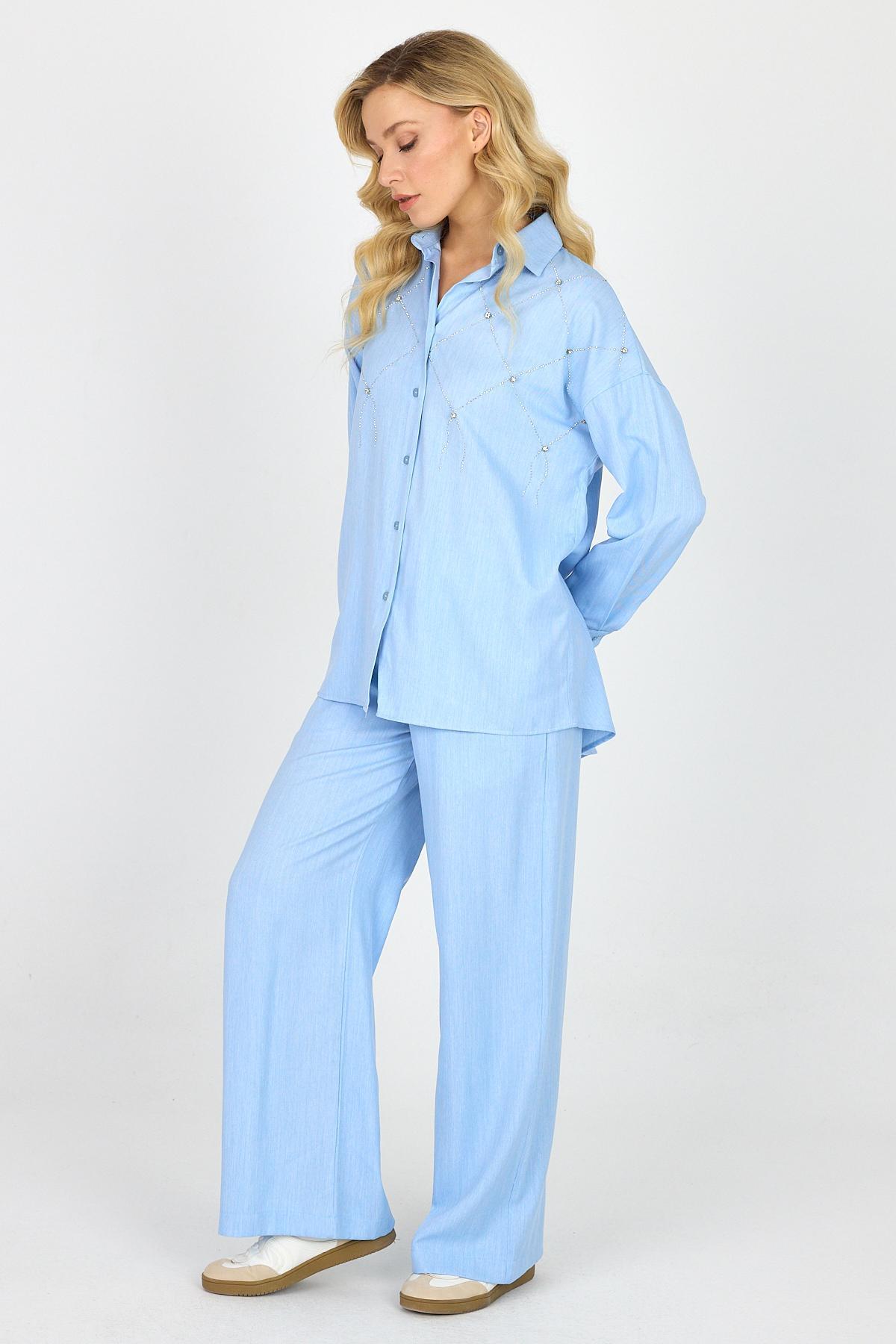 Kadın Taşlı Oversize Gömlek Bol Paça Baggy Pantolon Alt Üst Takım Buz Mavi 3