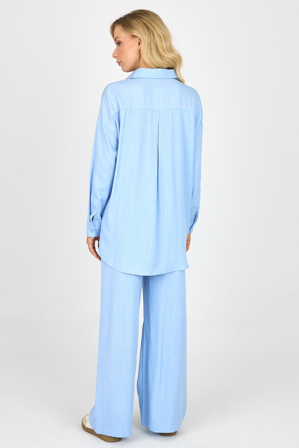 Kadın Taşlı Oversize Gömlek Bol Paça Baggy Pantolon Alt Üst Takım Buz Mavi 7