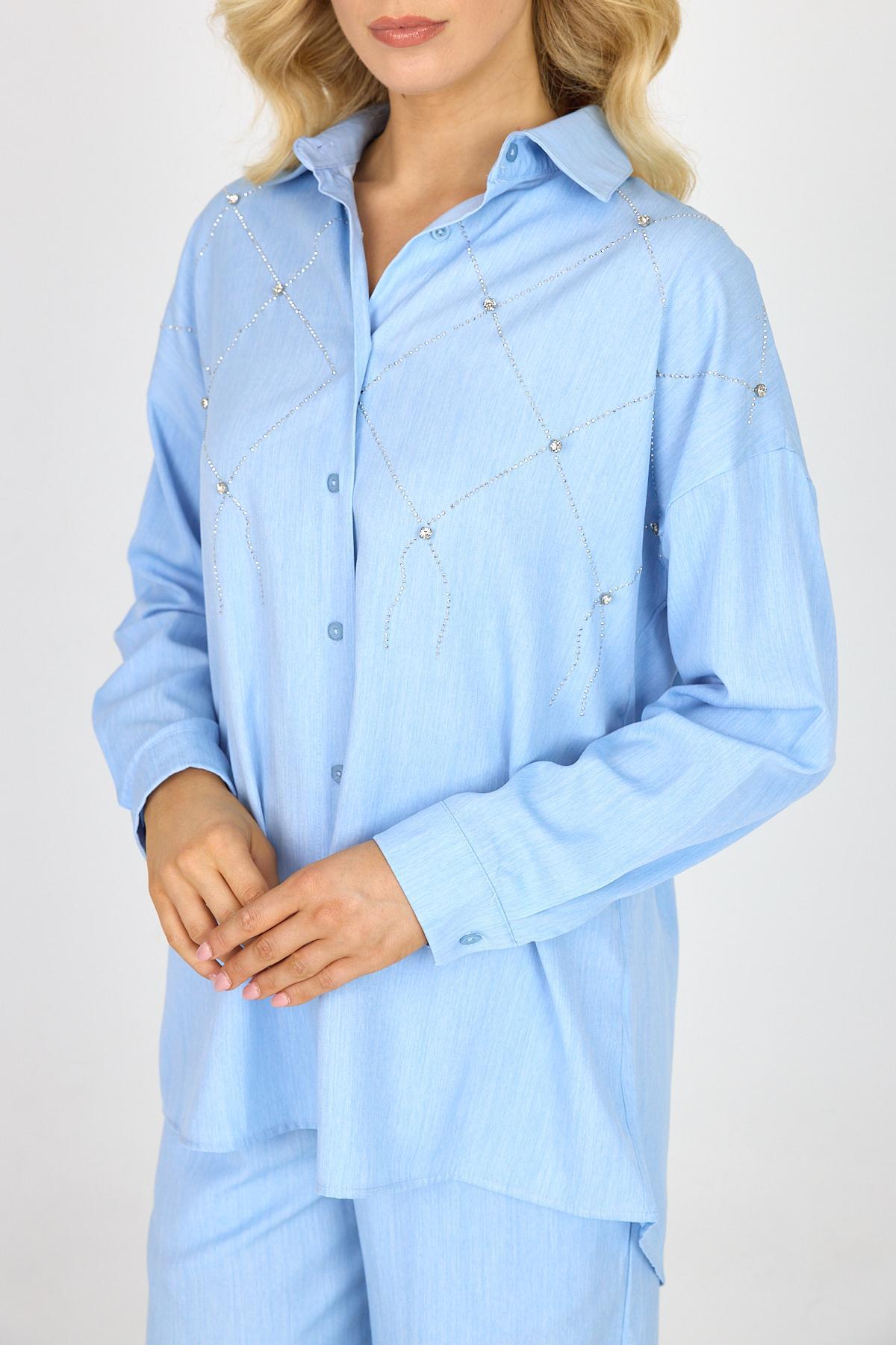 Kadın Taşlı Oversize Gömlek Bol Paça Baggy Pantolon Alt Üst Takım Buz Mavi 6