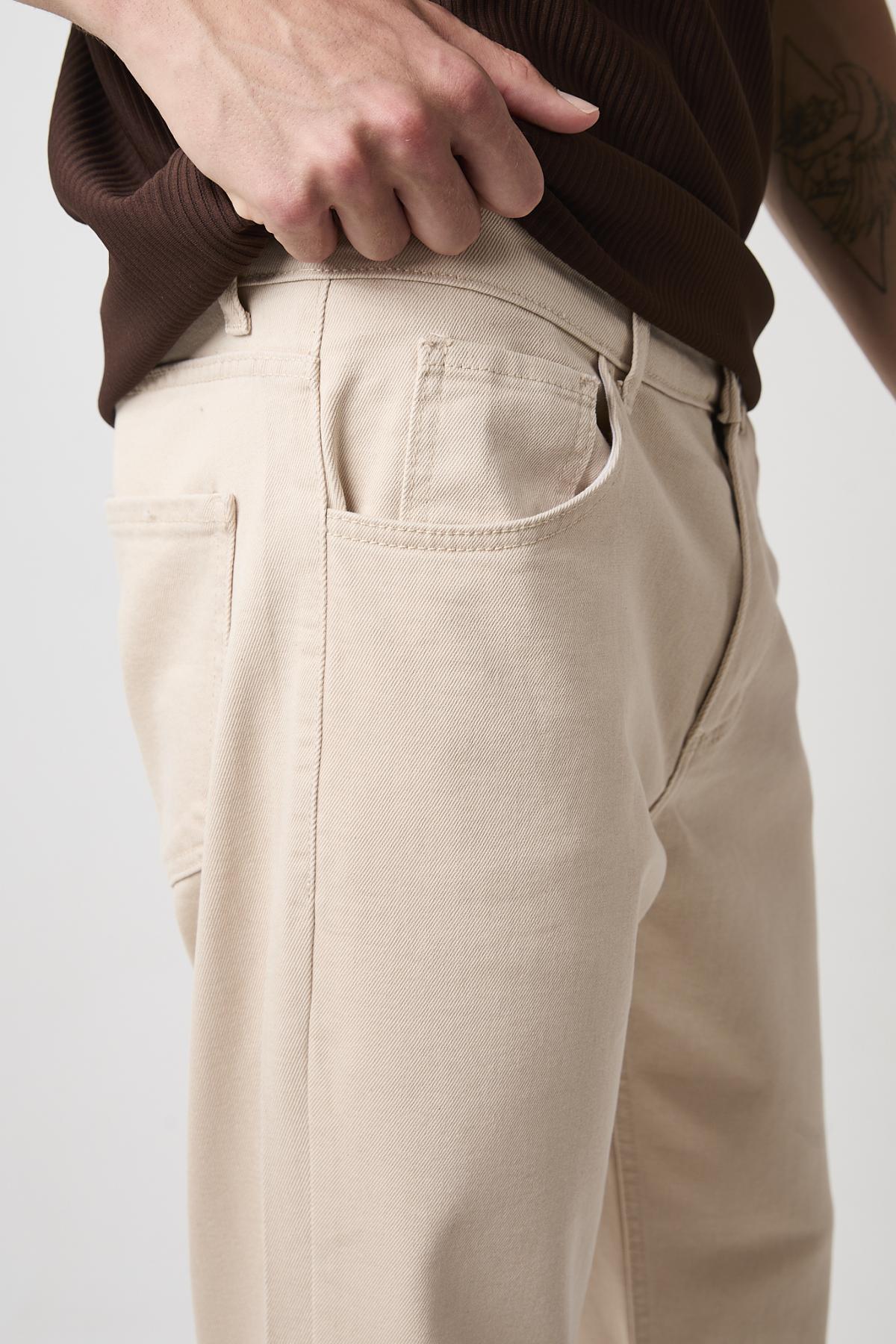 Erkek Esnek Bol Paça Baggy Krem Kot Pantolon 5
