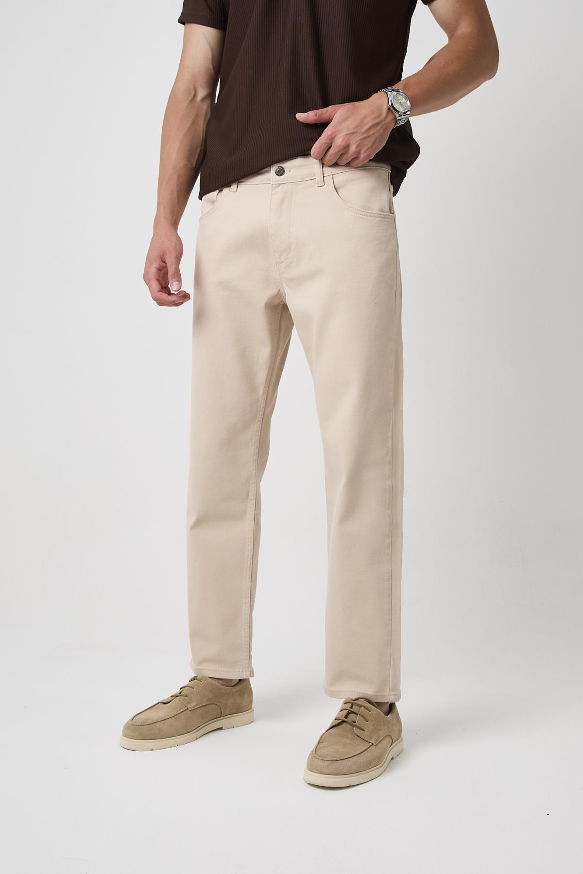 Erkek Esnek Bol Paça Baggy Krem Kot Pantolon 4