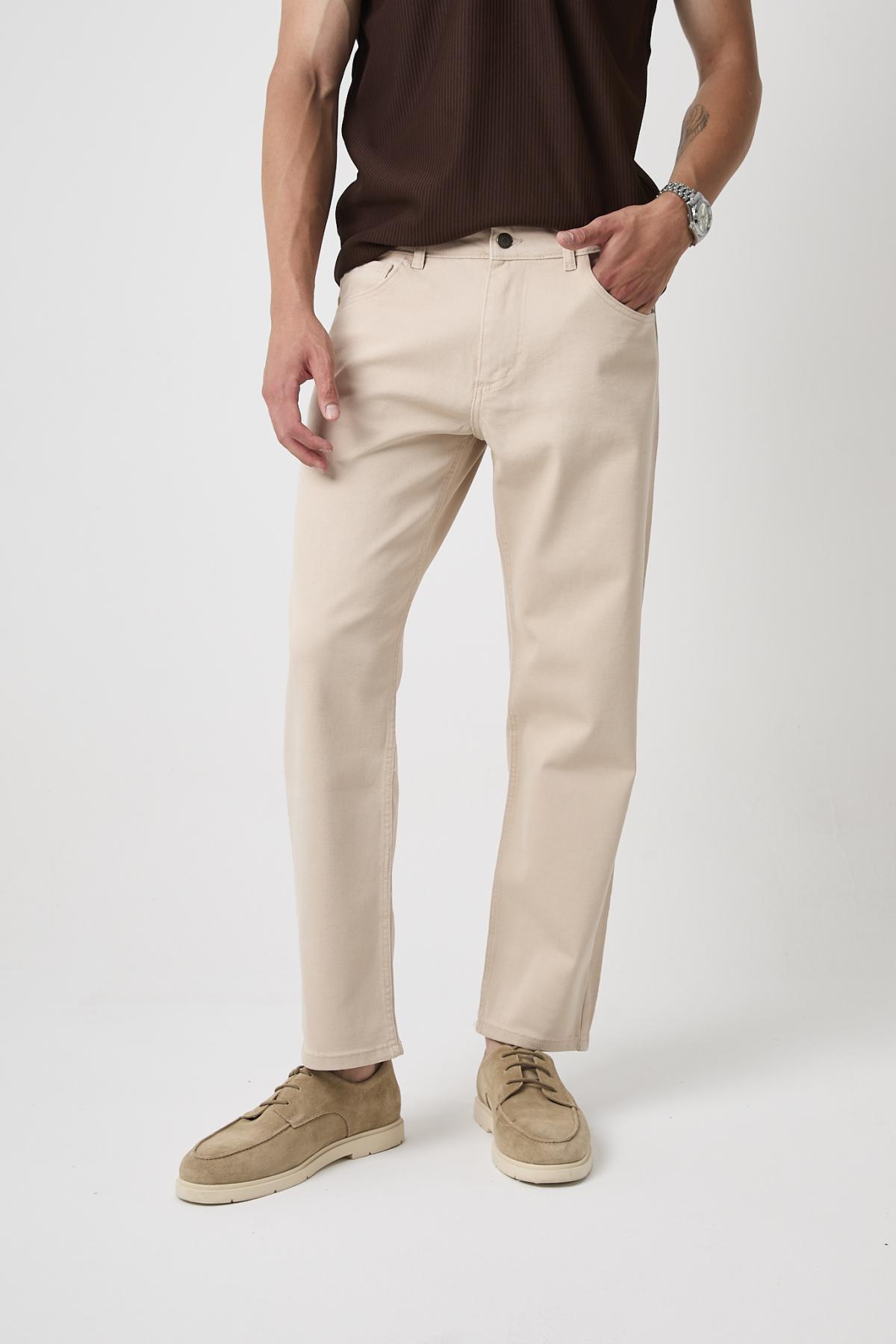 Erkek Esnek Bol Paça Baggy Krem Kot Pantolon 3