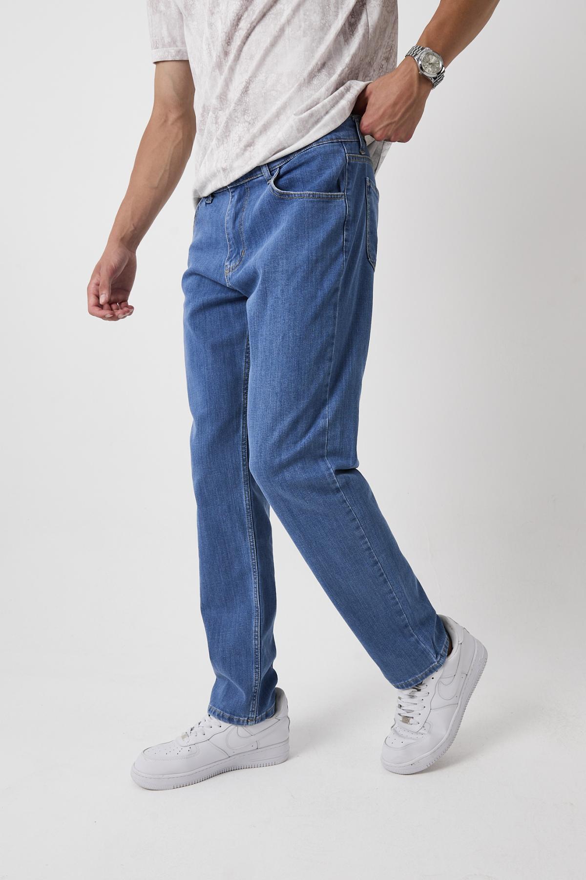 Erkek Esnek Bol Paça Baggy Mavi Kot Pantolon 3