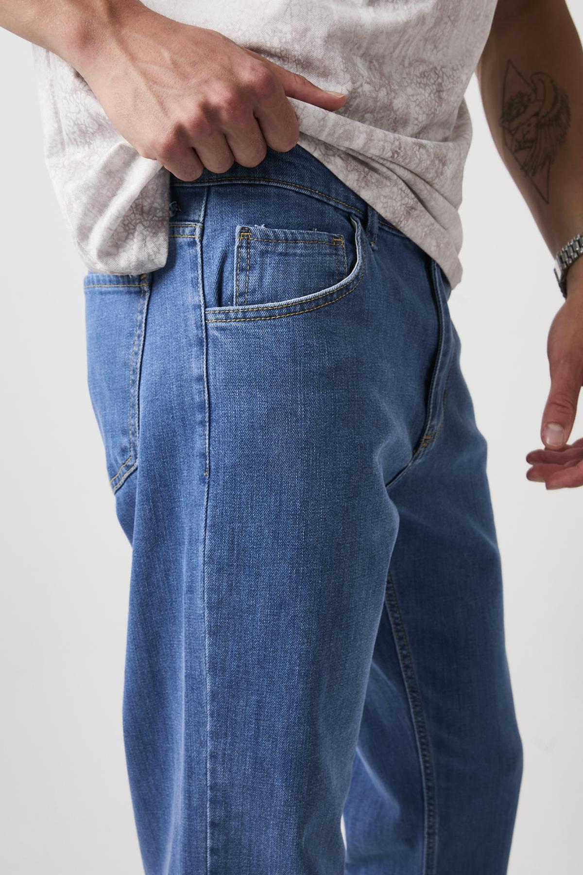 Erkek Esnek Bol Paça Baggy Mavi Kot Pantolon 5
