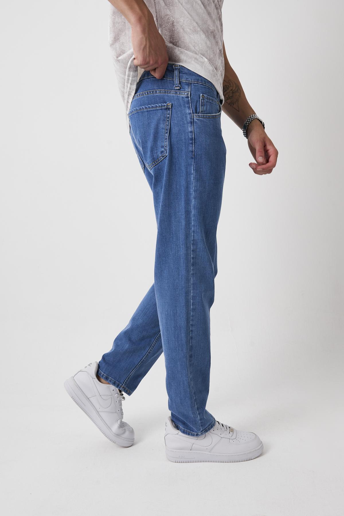 Erkek Esnek Bol Paça Baggy Mavi Kot Pantolon 4