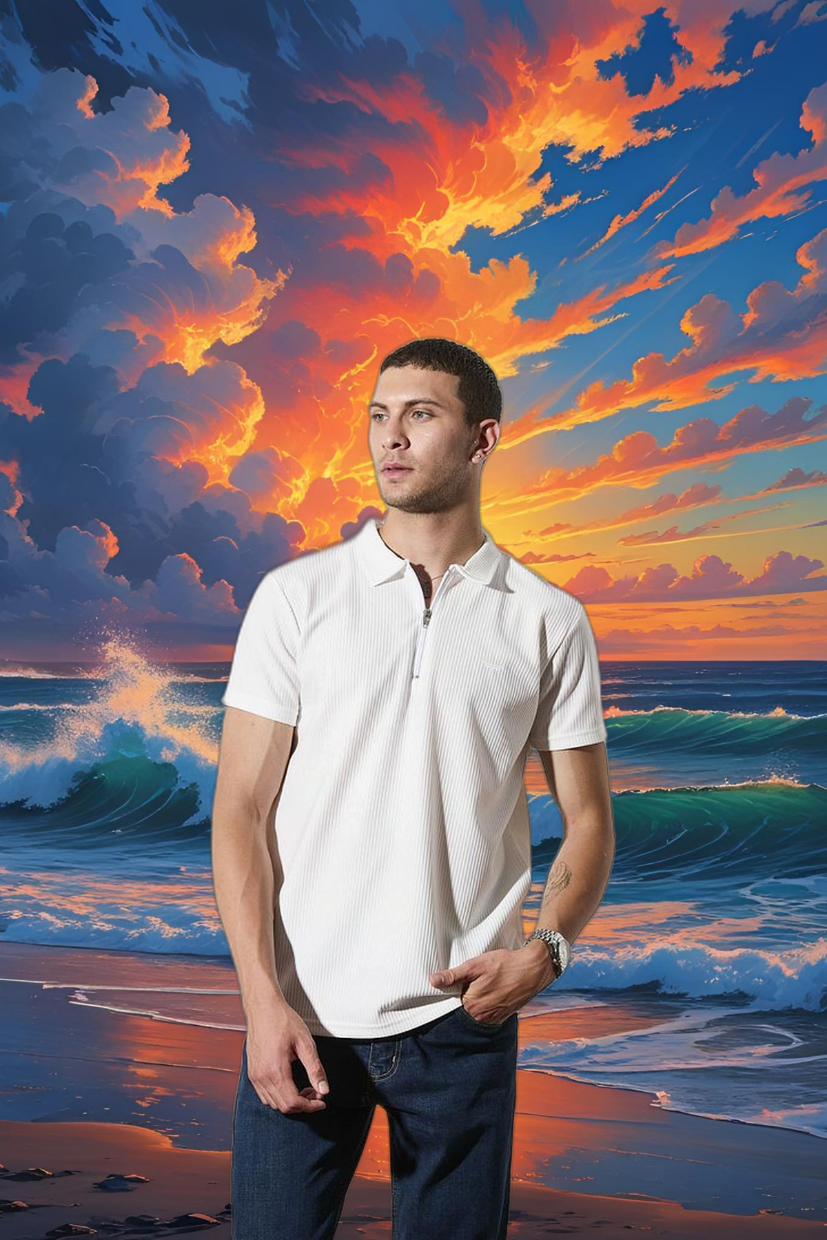 Erkek Kısa Kol Fermuarlı Beyaz Polo Yaka Tişört 6