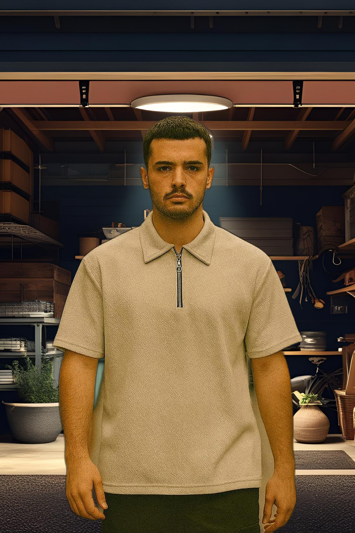 Erkek Yarım Fermuar Basic Krem Polo Yaka Tişört 6