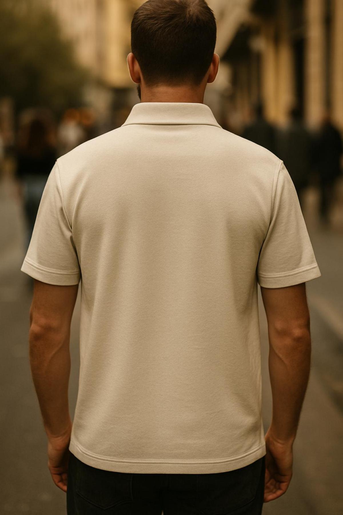 Erkek Yarım Fermuar Basic Krem Polo Yaka Tişört 4