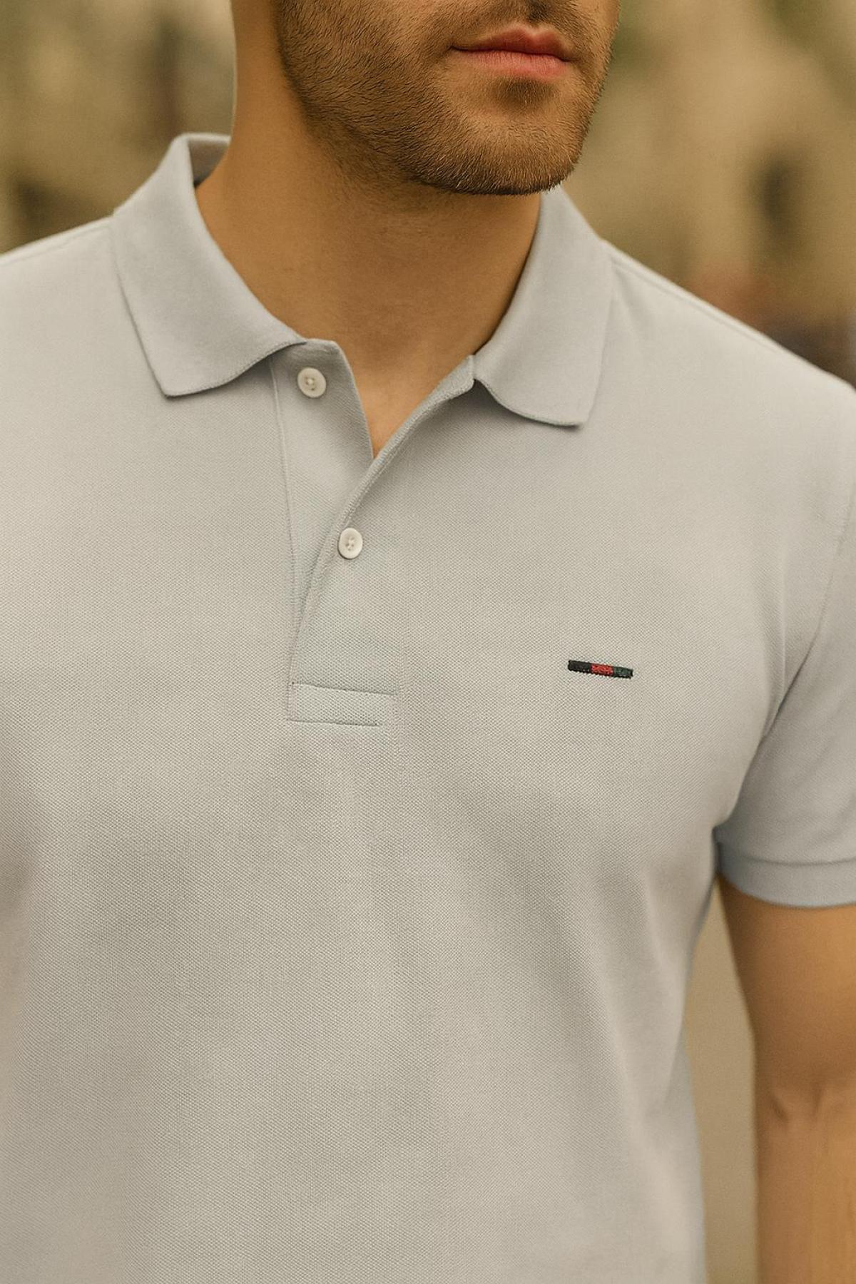 Erkek Kısa Kollu Basic Gri Bol Polo Yaka Tişört 3