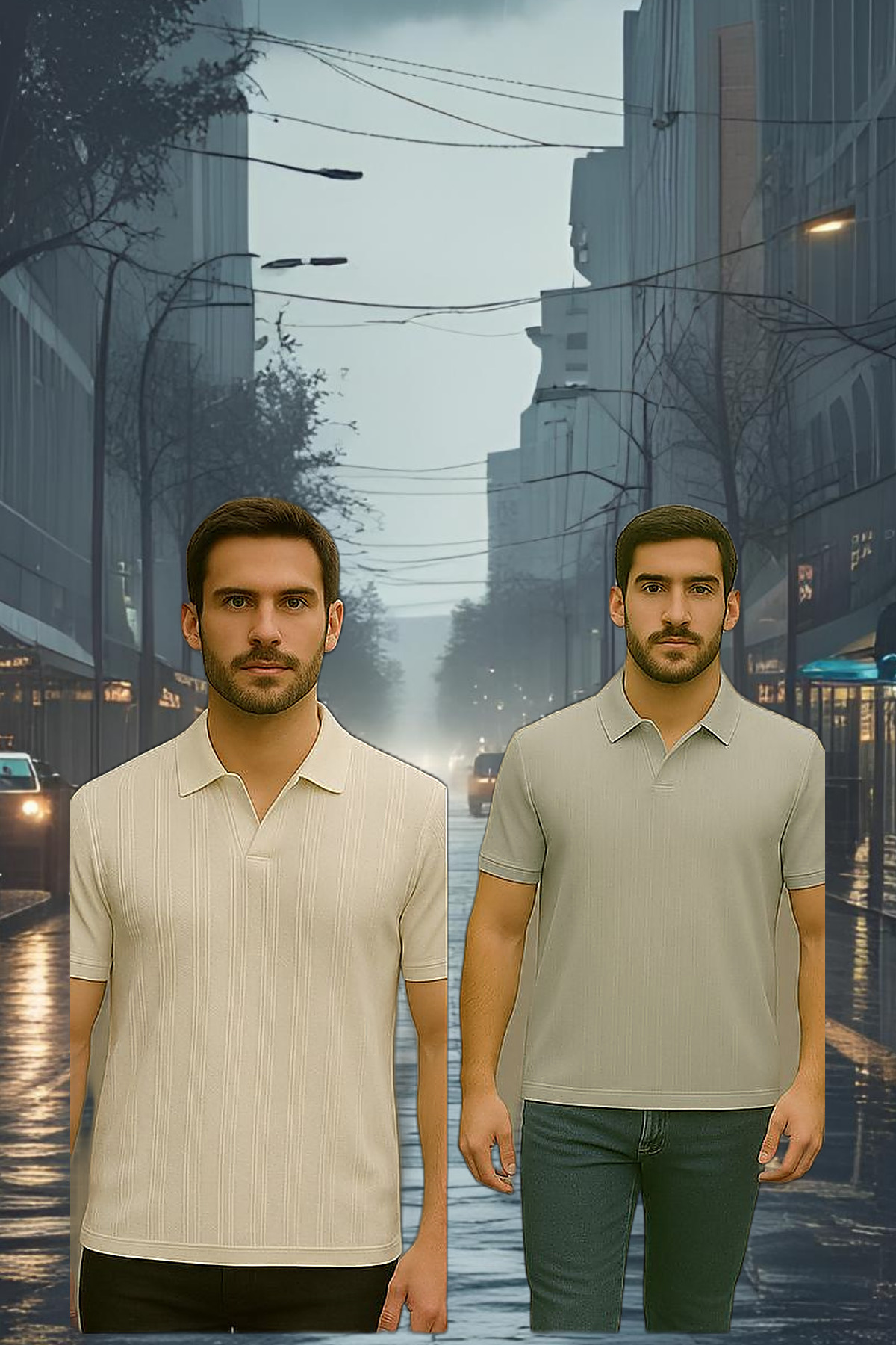 Erkek 2 Li Paket Yarım Pat Bol Polo Yaka Tişört Beyaz 6